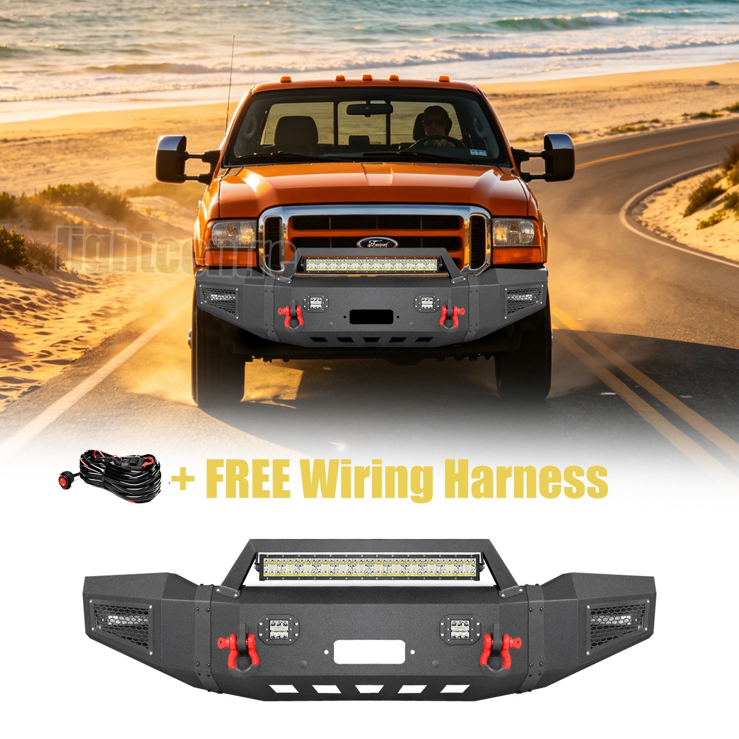 Aaiwa Steel Front Bumper for 1999-2004 Ford F250/F350/F450 with Lights & D-Rings