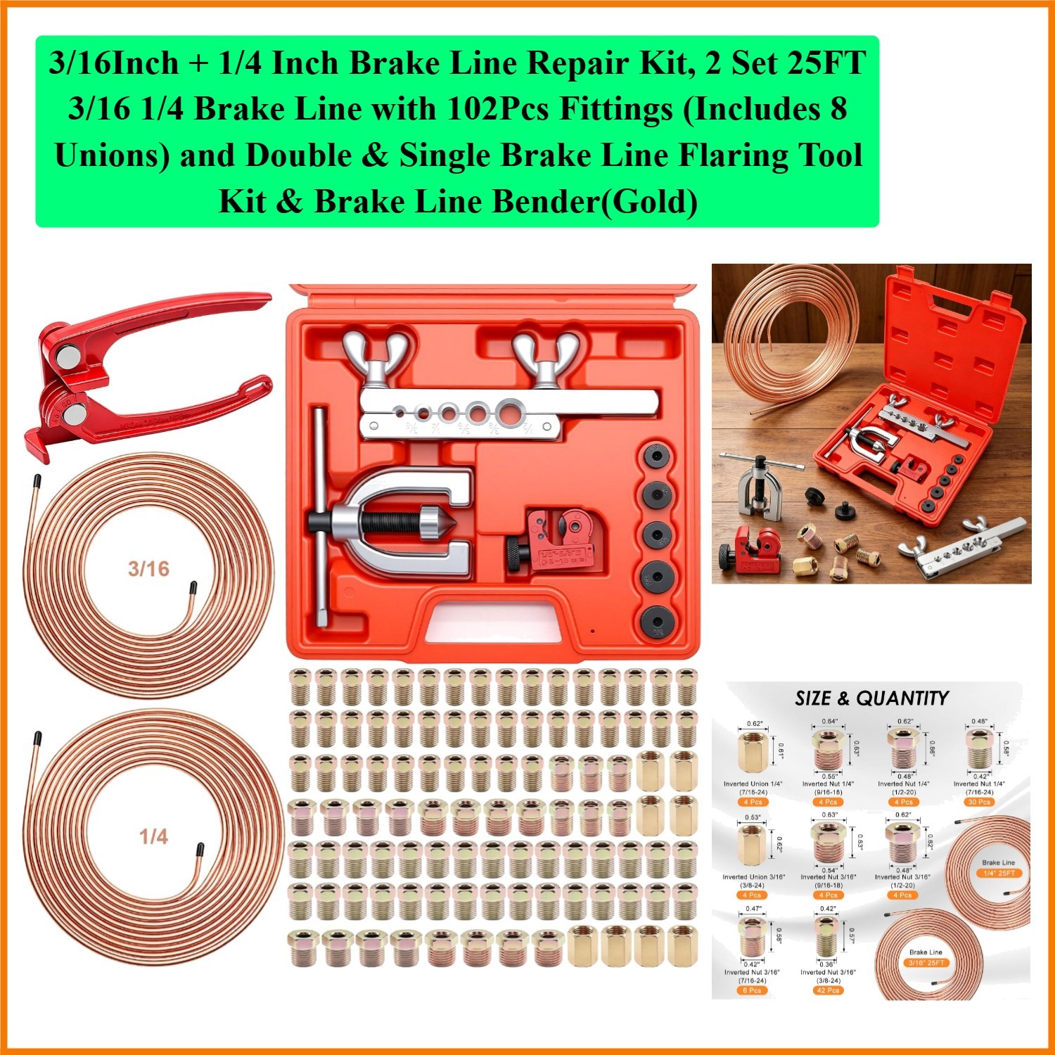 3/16Inch + 1/4 Inch Brake Line Repair Kit, 2 Set 25FT 3/16 1/4 Brake Line wit…