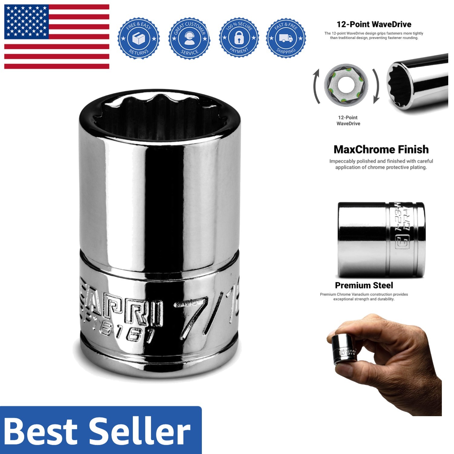 Precision 7/16-Inch 12-Point Socket with WaveDrive, 1/4-Inch Drive Compatibility