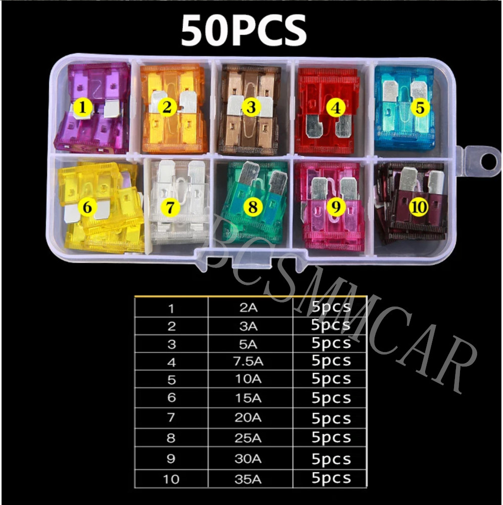 50PCS Car Micro Blade Fuses Assortment Kit 2A 3A 5A 7.5A 10A 15A 20A 25A 30A 35A