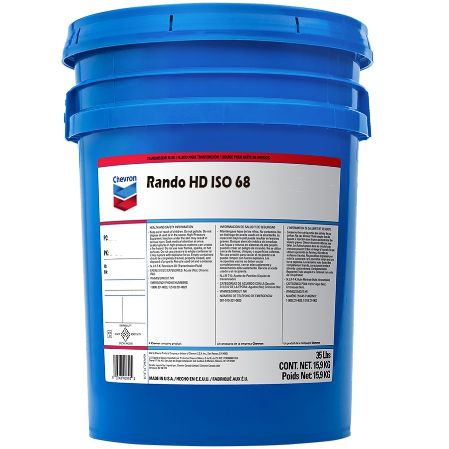 Chevron Rando HD 68 Hydraulic Oil Fluid; 1 – 5 Gallon Pail | 273279448