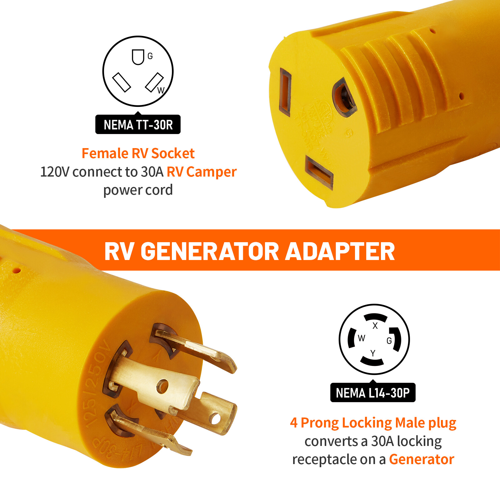 RV Trailer Generator Adapter 30 AMP 4-Prong L14-30P to TT-30R Plug Twist Lock