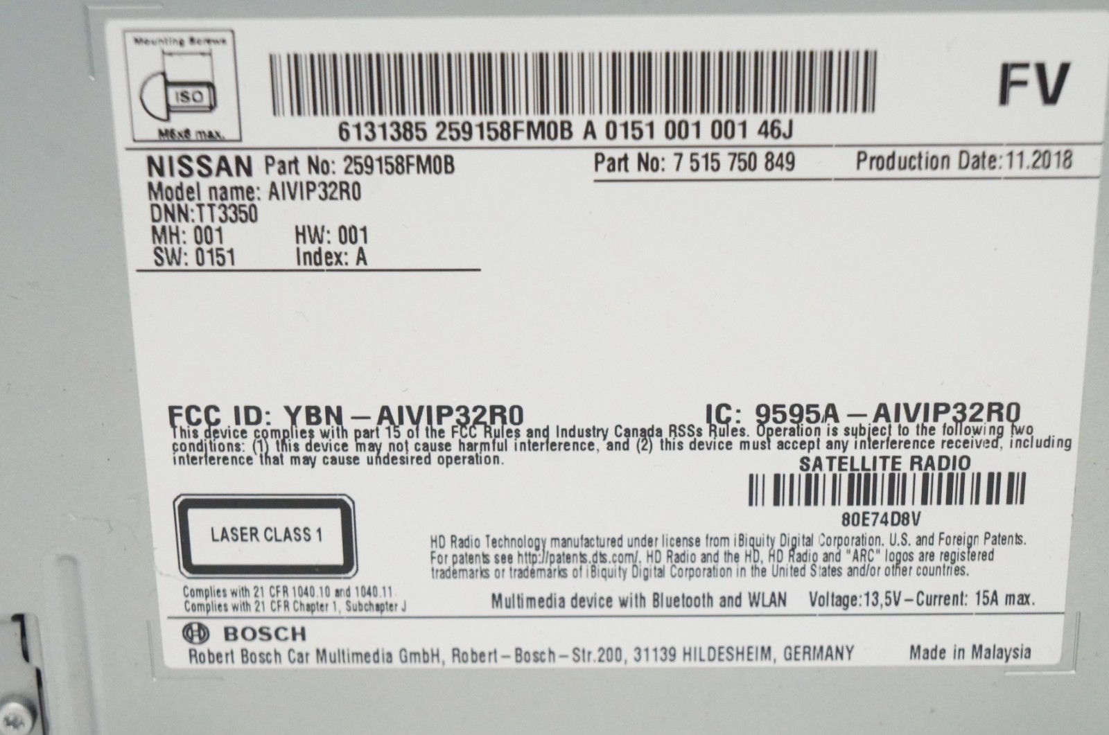 2019 Nissan Rogue 259158FM0B Radio Receiver Apple Car Play NAVI/CD/AM/FM *C2053