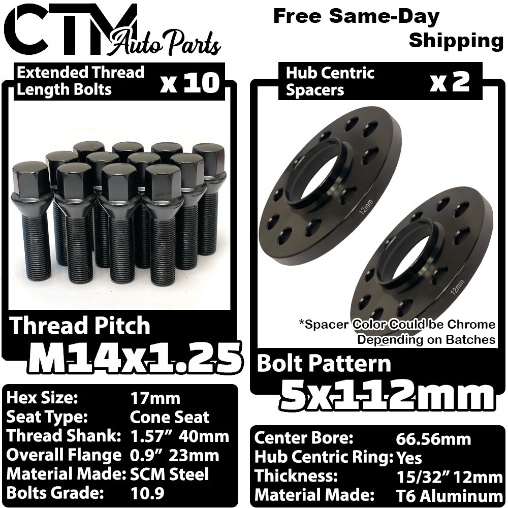 2x 12mm Thick 5×112 66.56mm C.B Wheel Spacer + 14×1.25 Black Bolt Fit Latest BMW