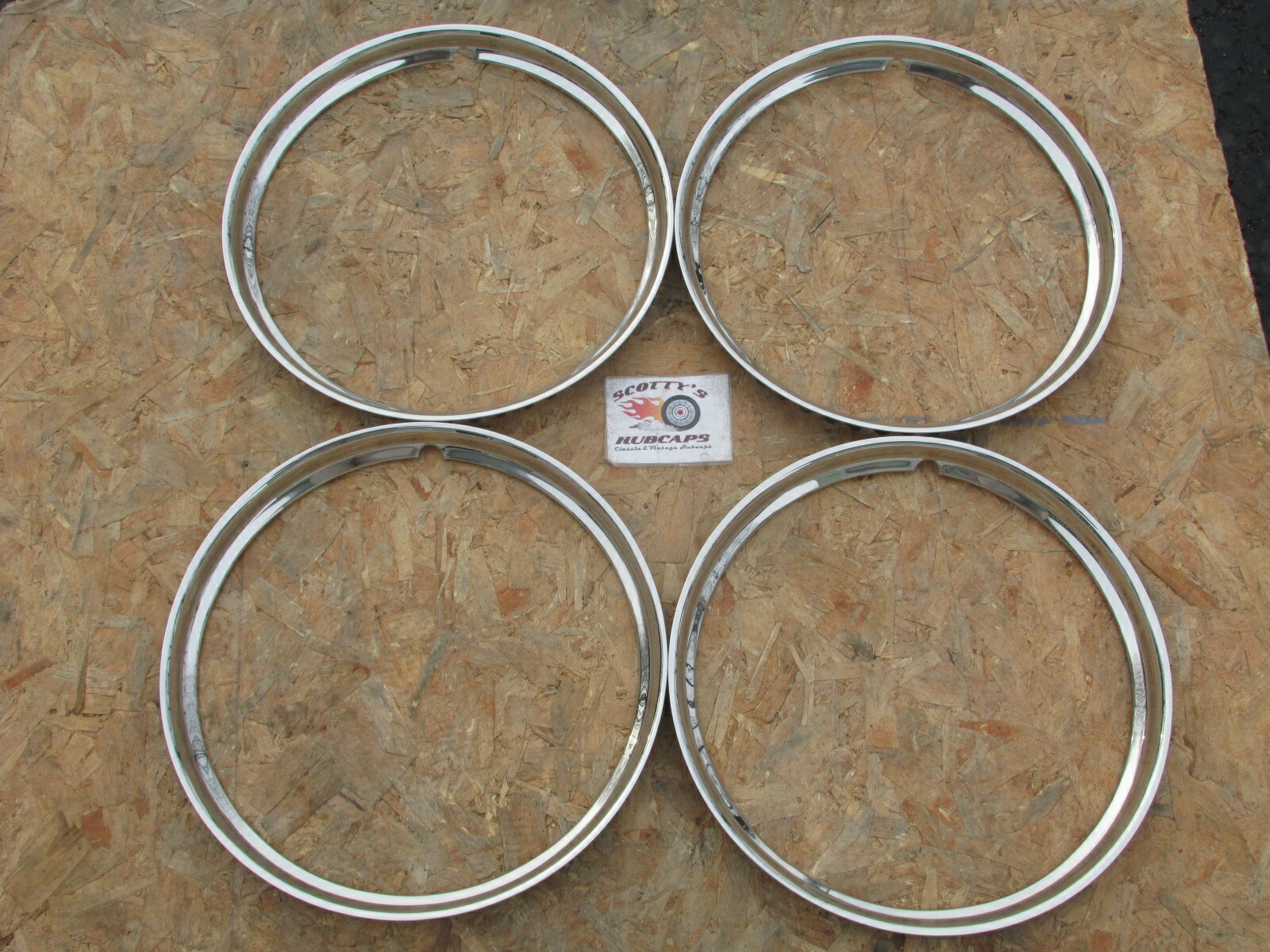 15″ HOT ROD, RAT ROD CHROME STAINLESS TRIM RINGS BEAUTY RINGS (4) 1 1/4″ A6224-1