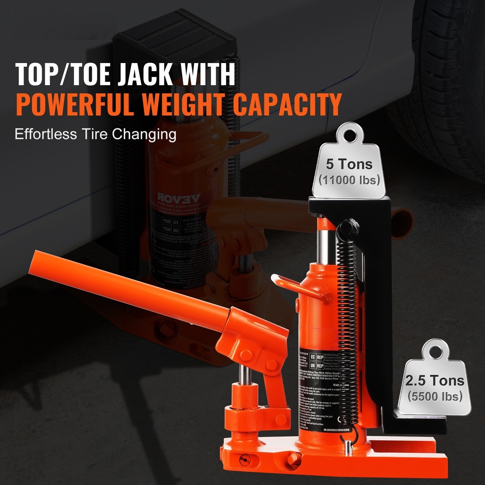 VEVOR Hydraulic Machine Toe Jack Lift Capacity 2.5/5/10 Ton Toe 5/10/20 Ton Top