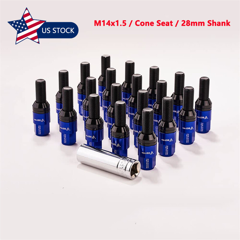 20PCS M14x1.5 Blue Wheel Lug Bolt 28mm Shank Cone Seat Stud for Most Aftermarket