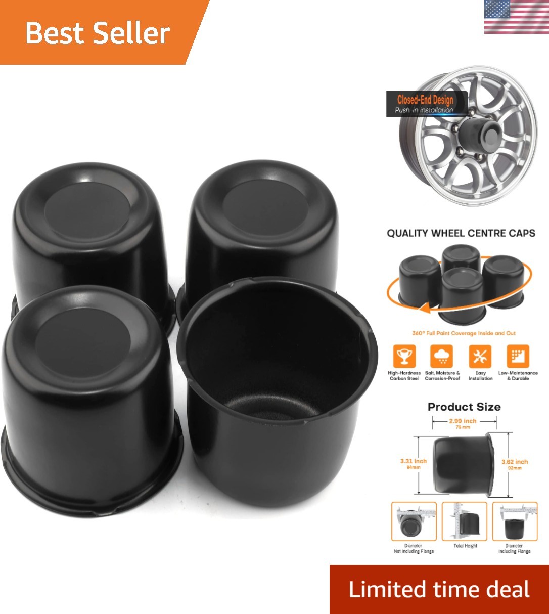 Rust-Proof 4Pcs 3.31″ Wheel Hub Caps – Easy Installation for Trucks & SUVs