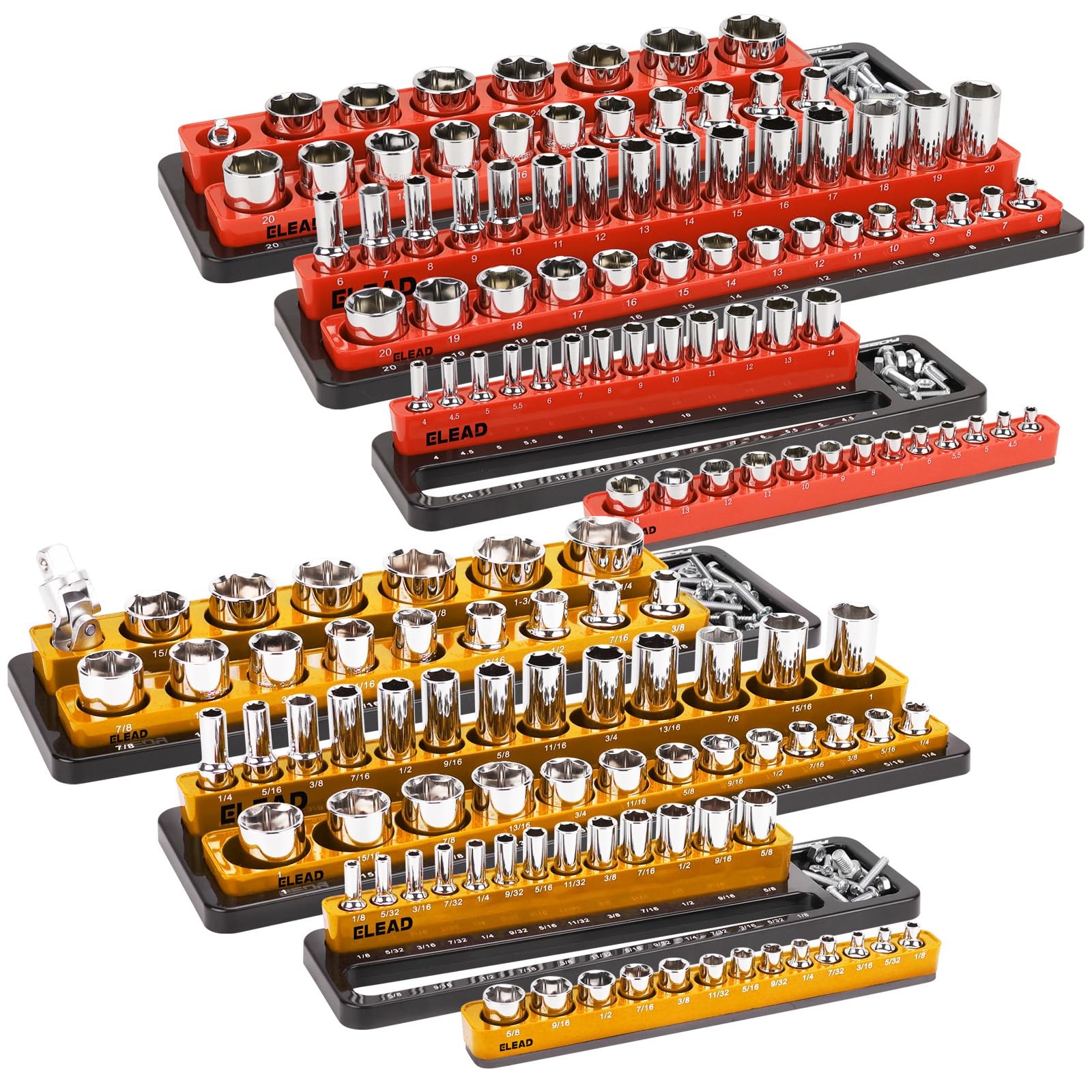 ELEAD Magnetic Socket Holder Organizer Set 6PCS-1/4&3/8&1/2 Inch, Red&orange