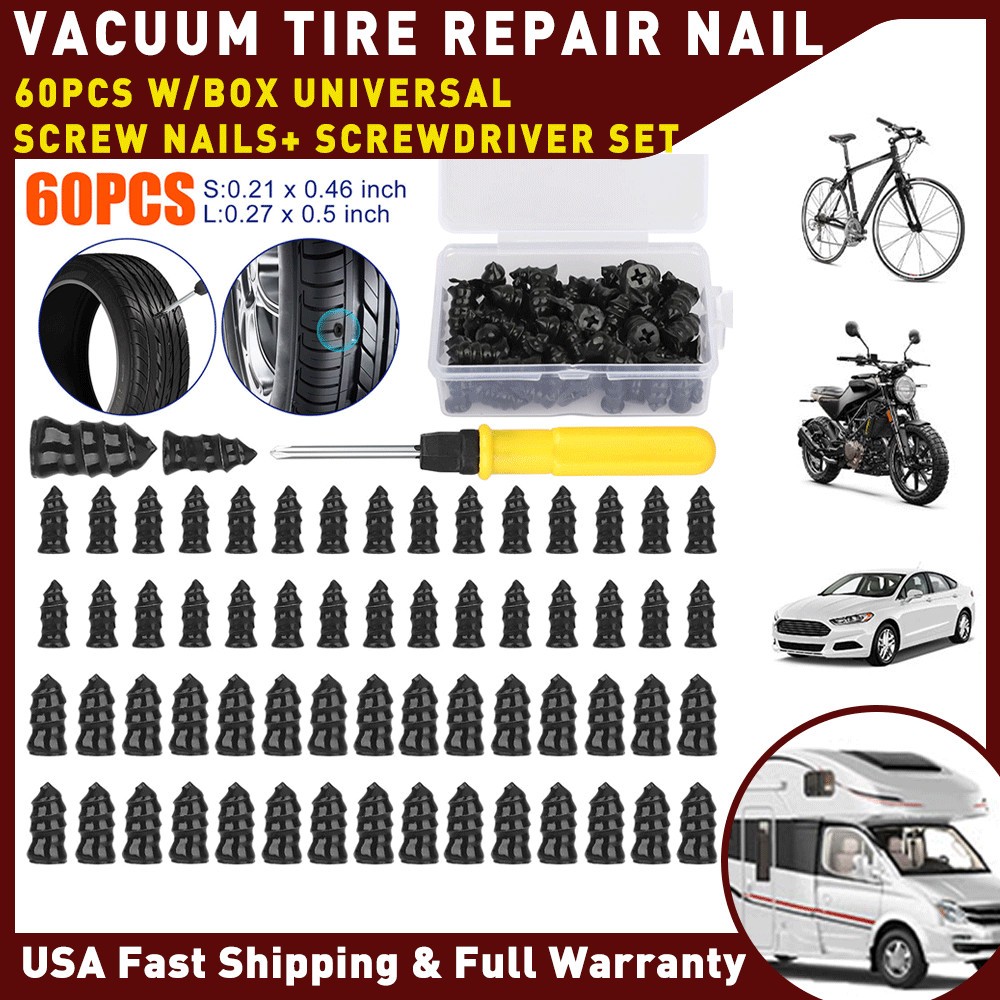 60PCS Car Tire Vacuum Repair Nail Rubber Screw Nails+ Screwdriver Tool Set w/Box