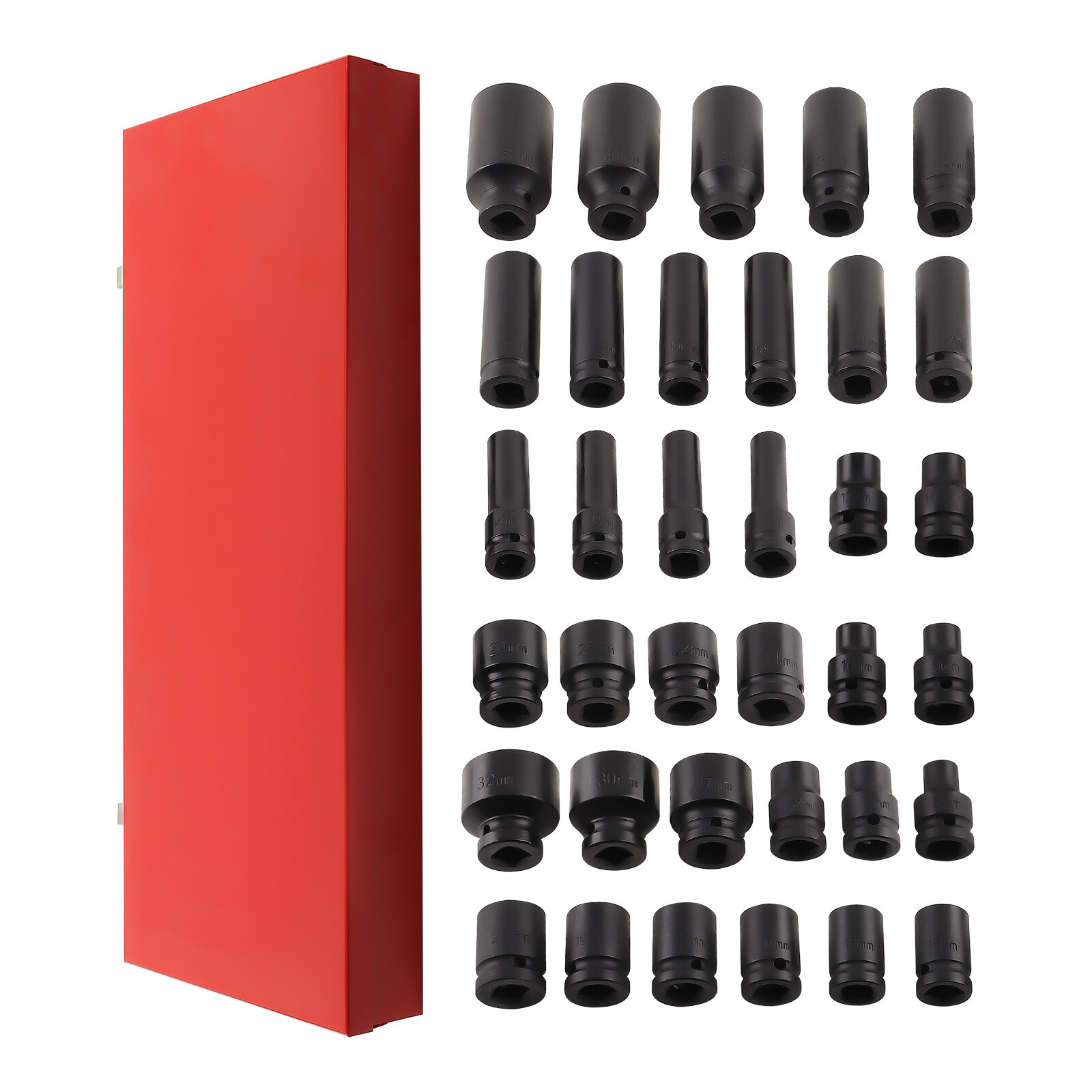 35PCS 1/2″ Deep Impact Socket Set Drive 6 Point Metric Garage Tool 8 – 32mm