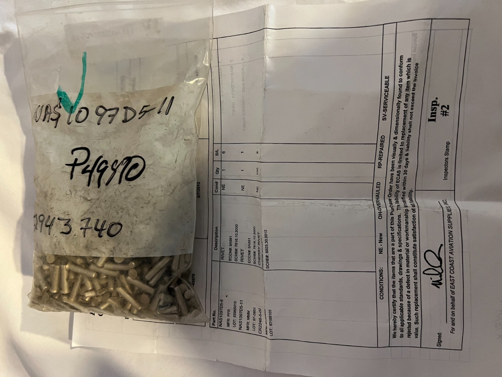 NAS1097AD5-11 New 1 pound bag rivets with certificate of compliance