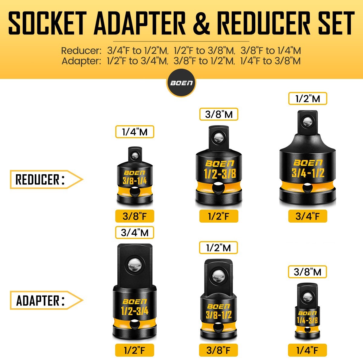 BOEN 9 Pcs Impact Socket Adapter & Reducer Set, 1/4″ & 3/8″ & 1/2″ &3/4″ Drive