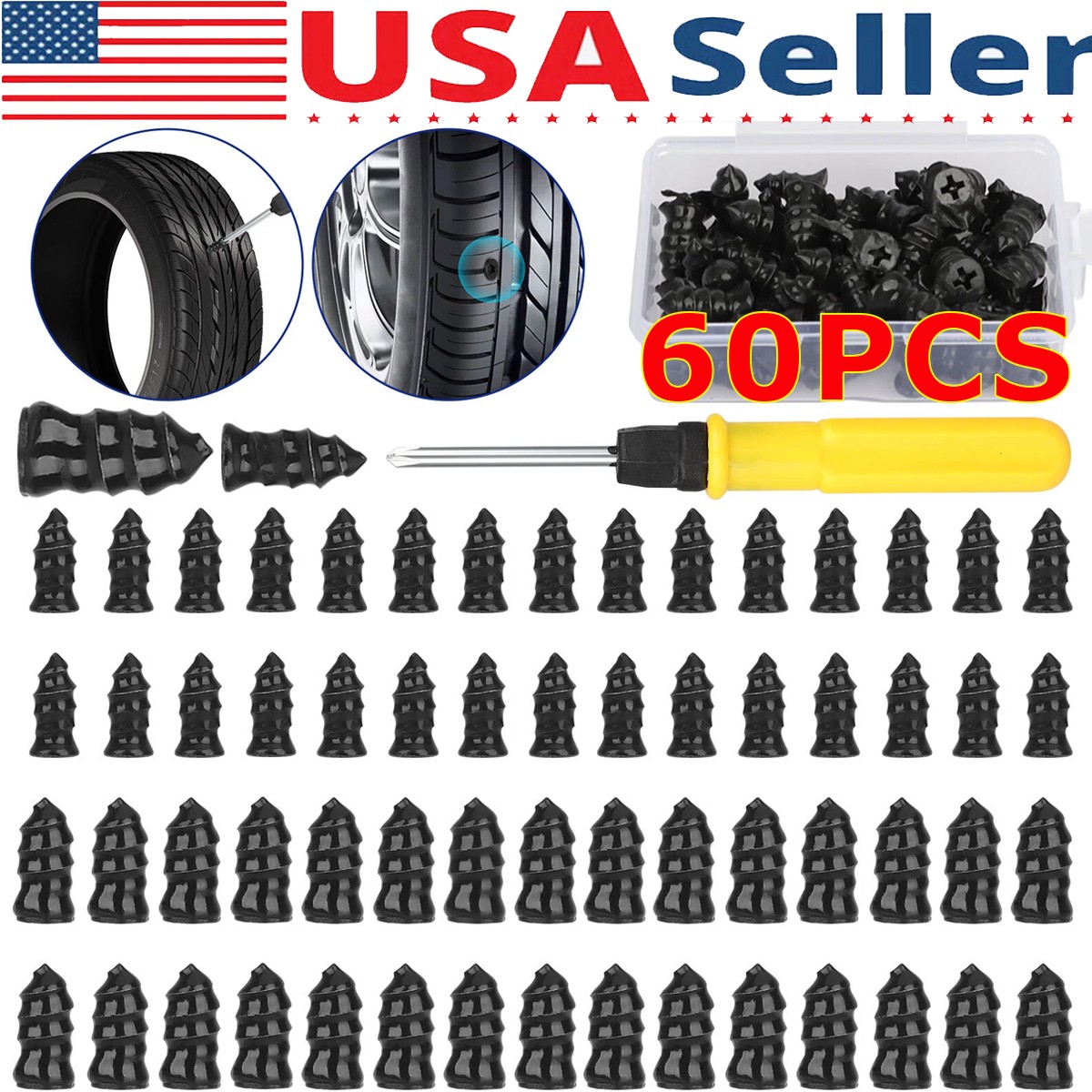 60 Pcs Tire Repair Rubber Nails Tire Puncture Repair Screws Kit with Screwdriver