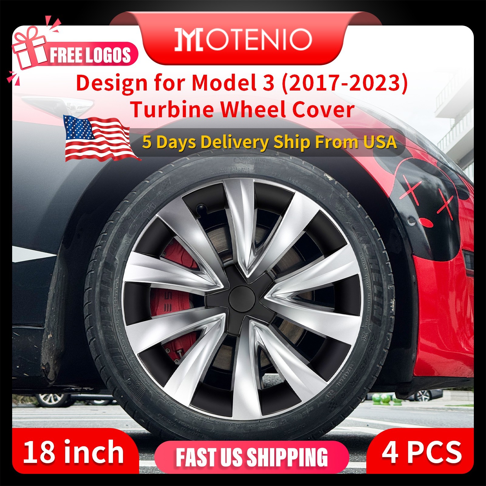 Design for Model 3 Wheel Cover (2017-2023) 18 inch Hubcaps 4PCS Turbine HubCaps