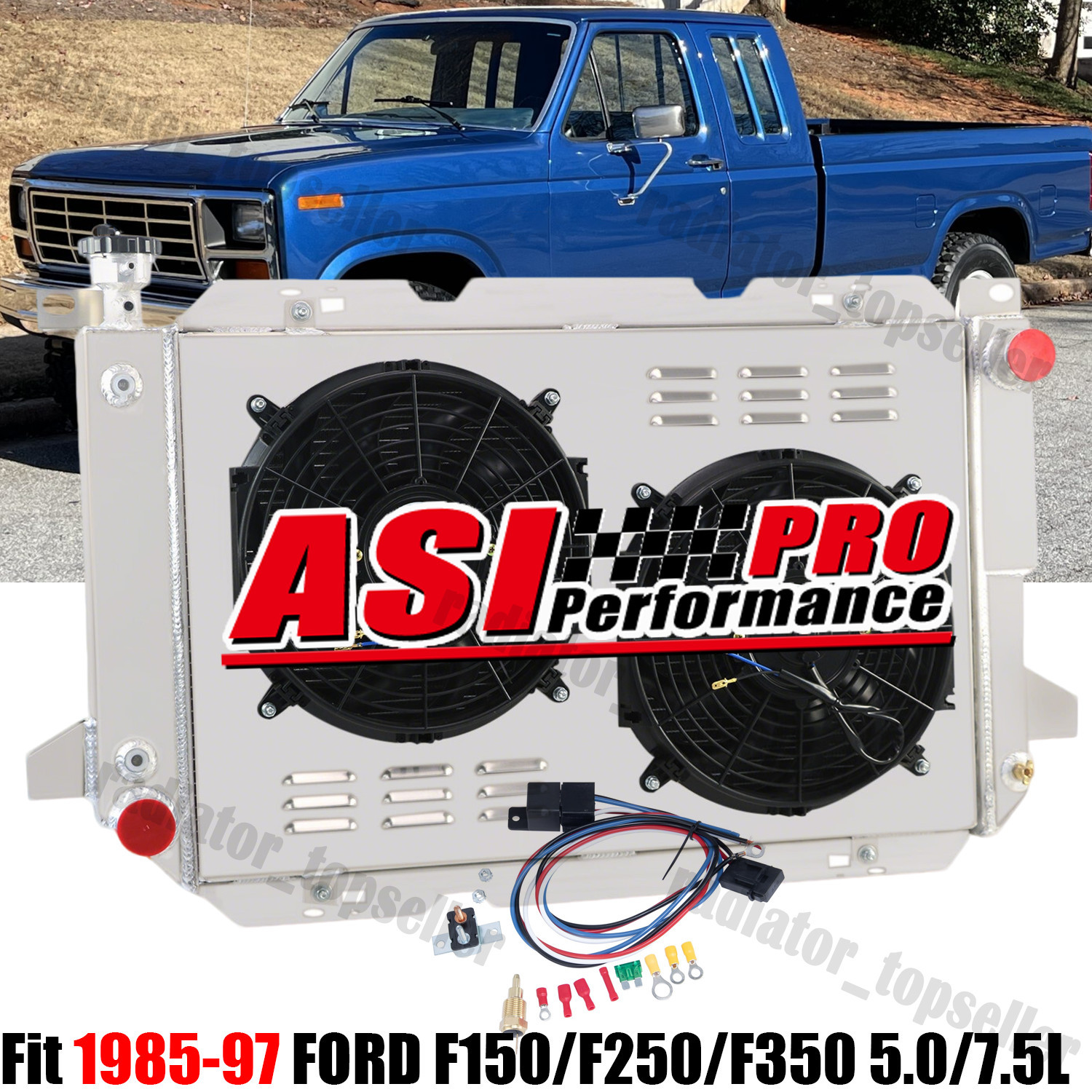 4-Rows ALUMINUM RADIATOR & SHROUD FAN Fit 1985-97 FORD F150/F250/F350 5.0/7.5L