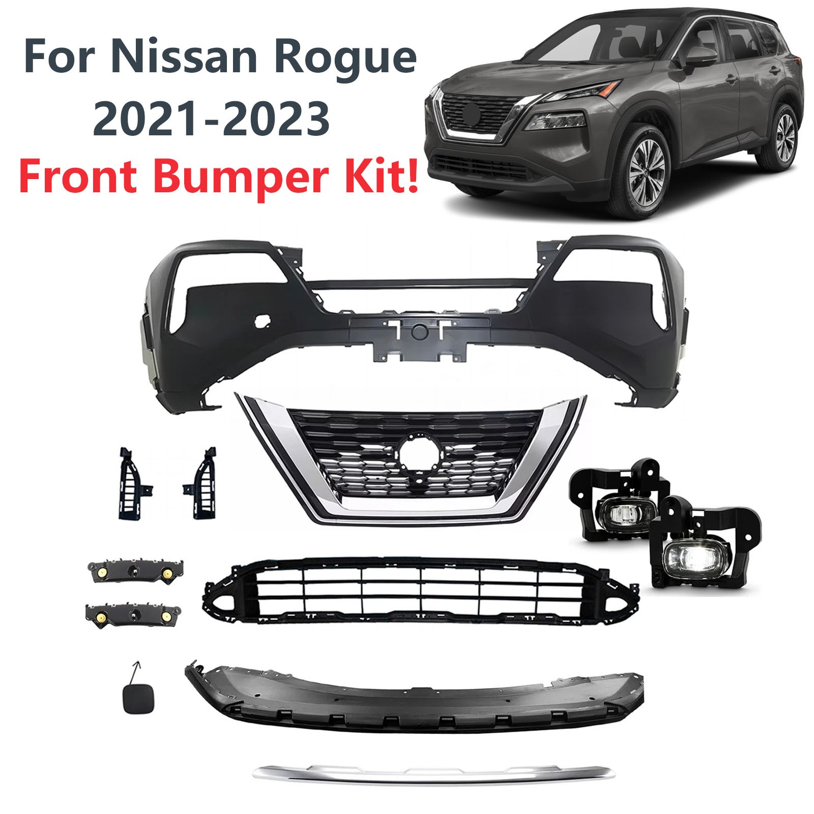 Complete Front Bumper Cover Kit Grill Fog Light For 2021 2022 2023 Nissan Rogue