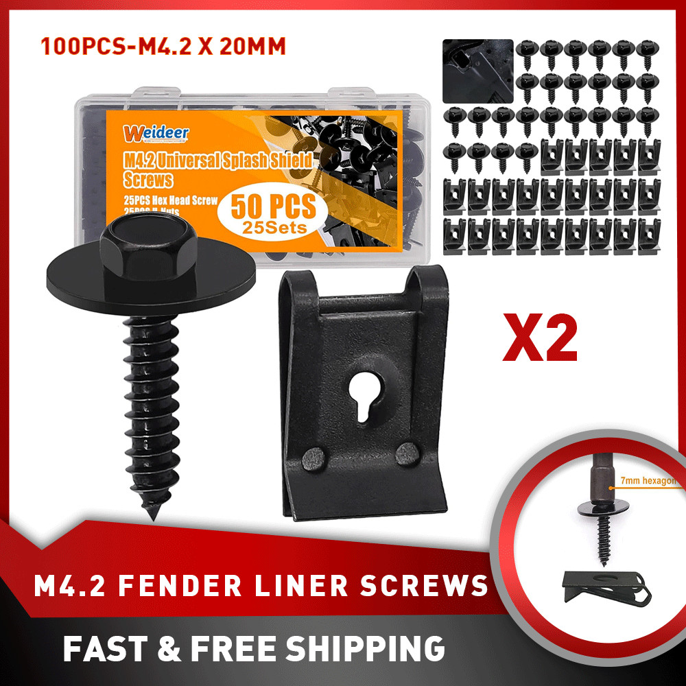 100PCS M4.2 Universal Fender Liner Screw U Nut Kit Engine Splash Shield Hex Head