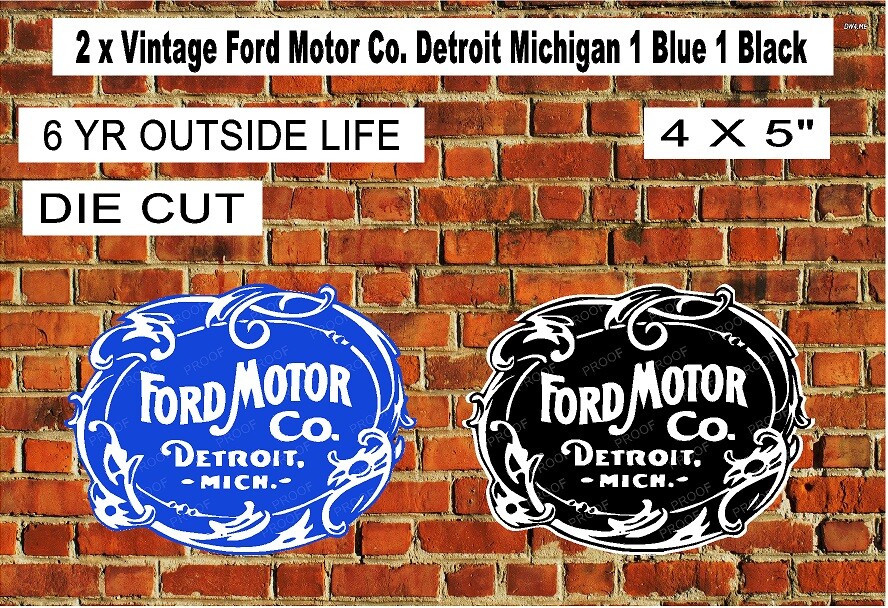 2 x Vintage Ford Motor Co Detroit Michigan 1 Blue 1 Black Decal Sticker