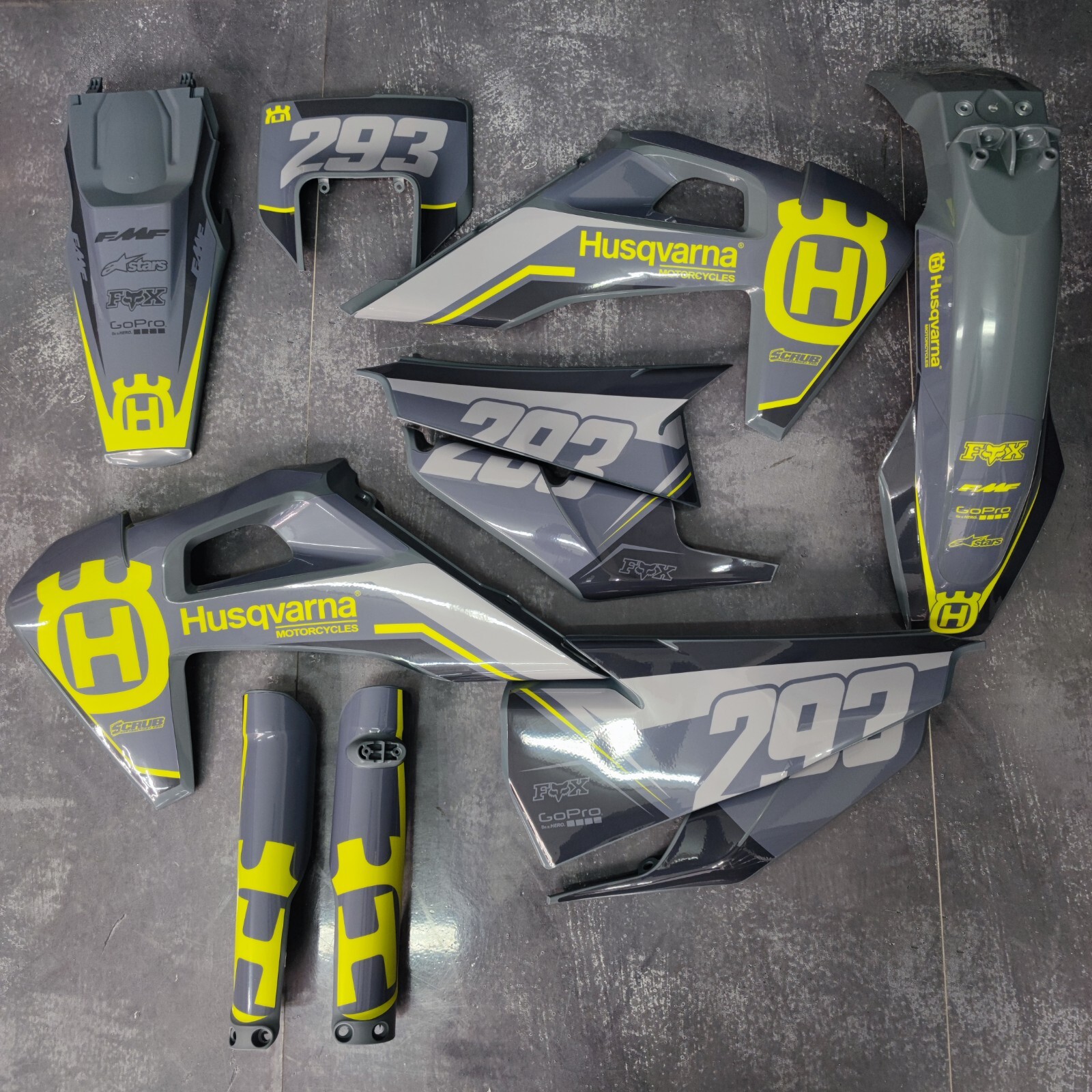 Plastics + Graphics Husqvarna TE FE 2020 2021 2022 2023 Gray Yellow applied