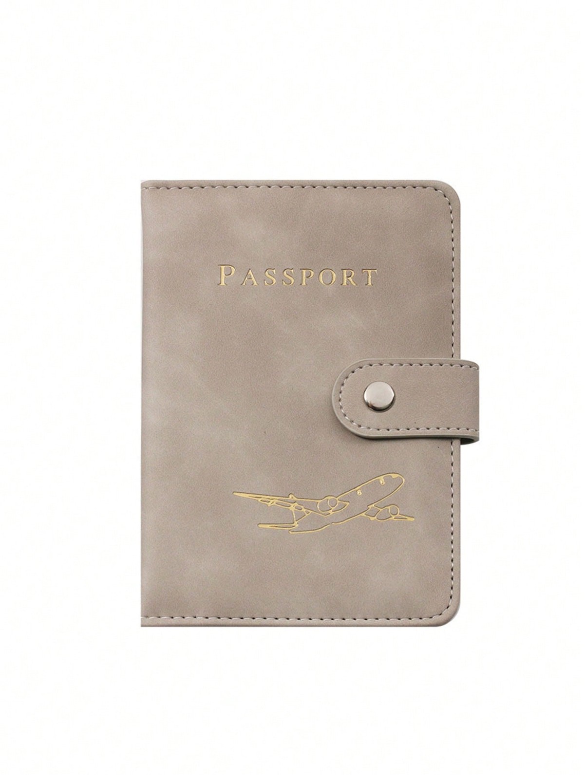 Gray-C PU Passport Holder With Gold Airplane Design And Snap Closure