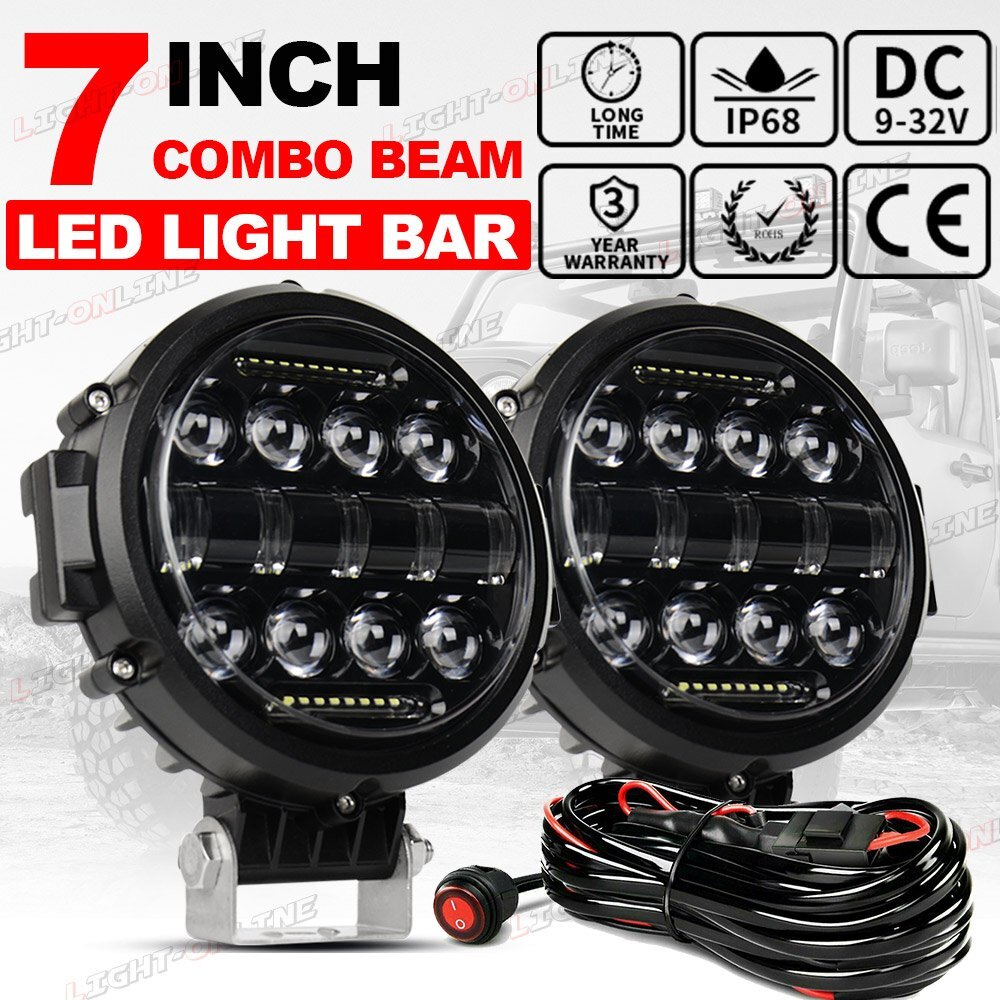 Pair 7″inch 200W Round Led Work Lights Off Road For Jeep Bumper Truck 4WD+ Wire