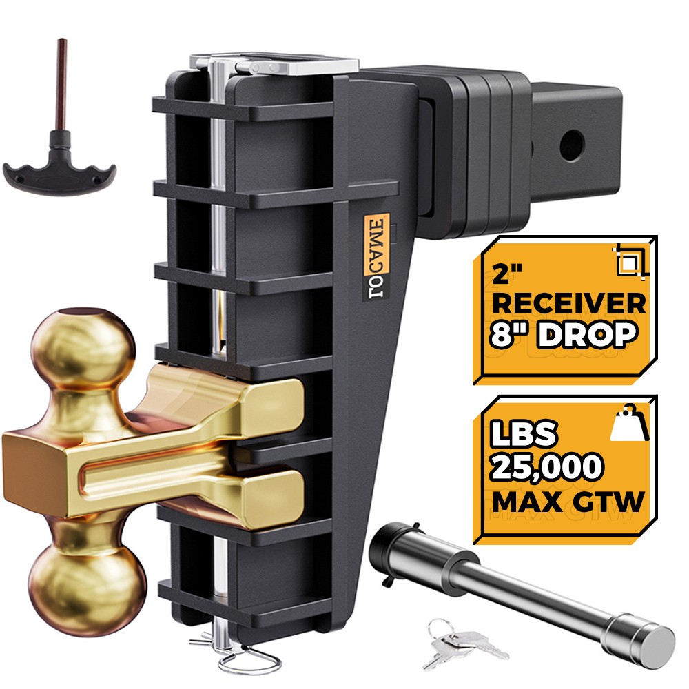Adjustable Tow Trailer Hitch 2″ Receiver 8″ Drop Solid Ball 25000lb Heavy Duty