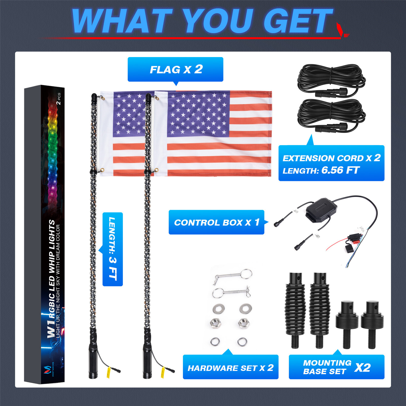2pcs 1FT COB Fat Whip Light,RGB+IC Chasing Antenna Whips for ATV UTV SXS RZR