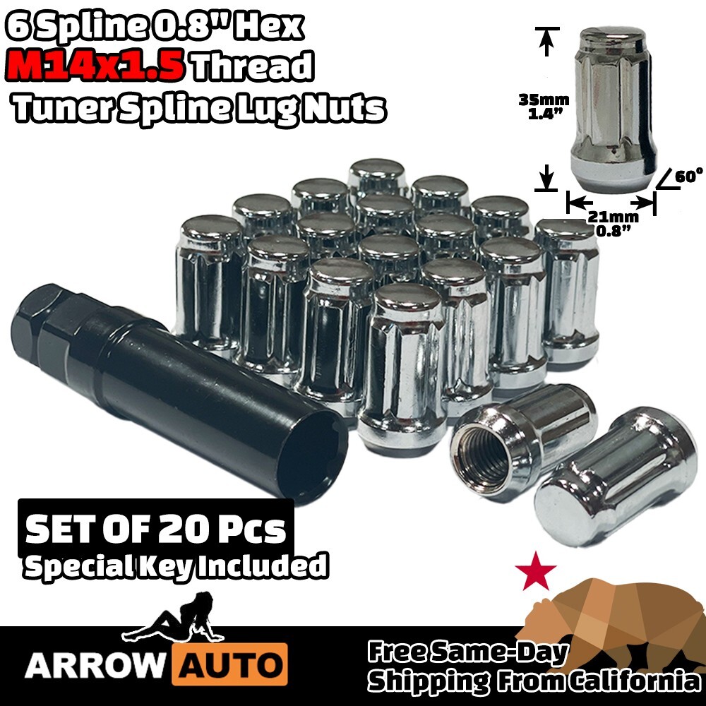 20x 1.4″ Chrome M14x1.5 Spline Tuner Lug Nuts and Key Fit Chevrolet Models