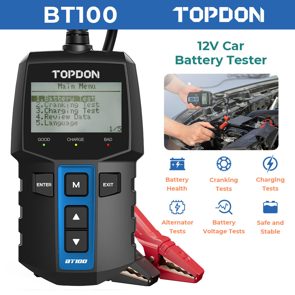 2024 TOPDON BT100 12V Car Load Battery Tester Digital Analyzer Tester LCD Screen