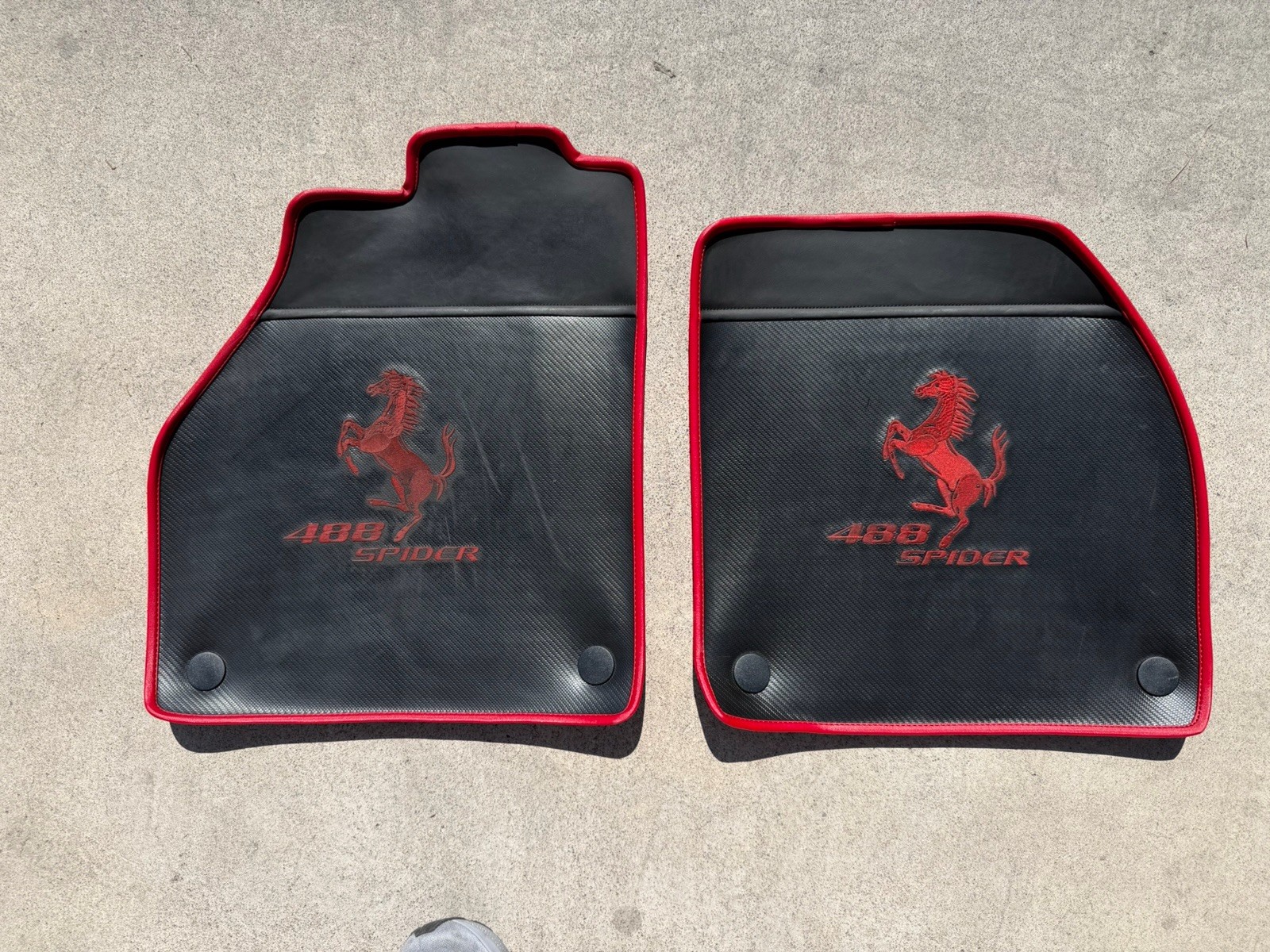 Ferrari 488 Spider Custom Floor Mats Set Of 2 Carbon Fiber Look Red Trim