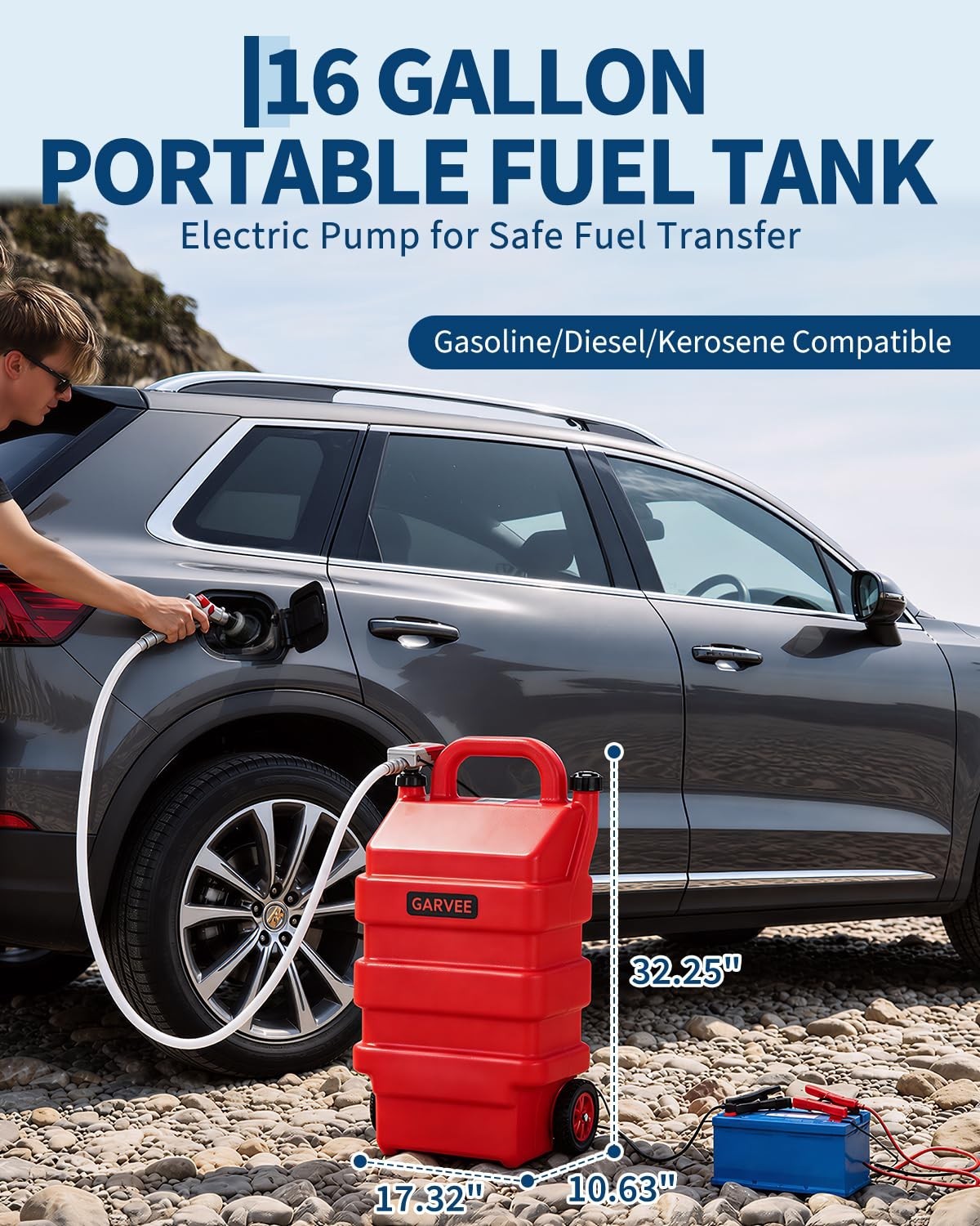Portable 16 Gal Gas Caddy Fuel Tank 12V/4AA Battery Transfer Pump Lawn Mower