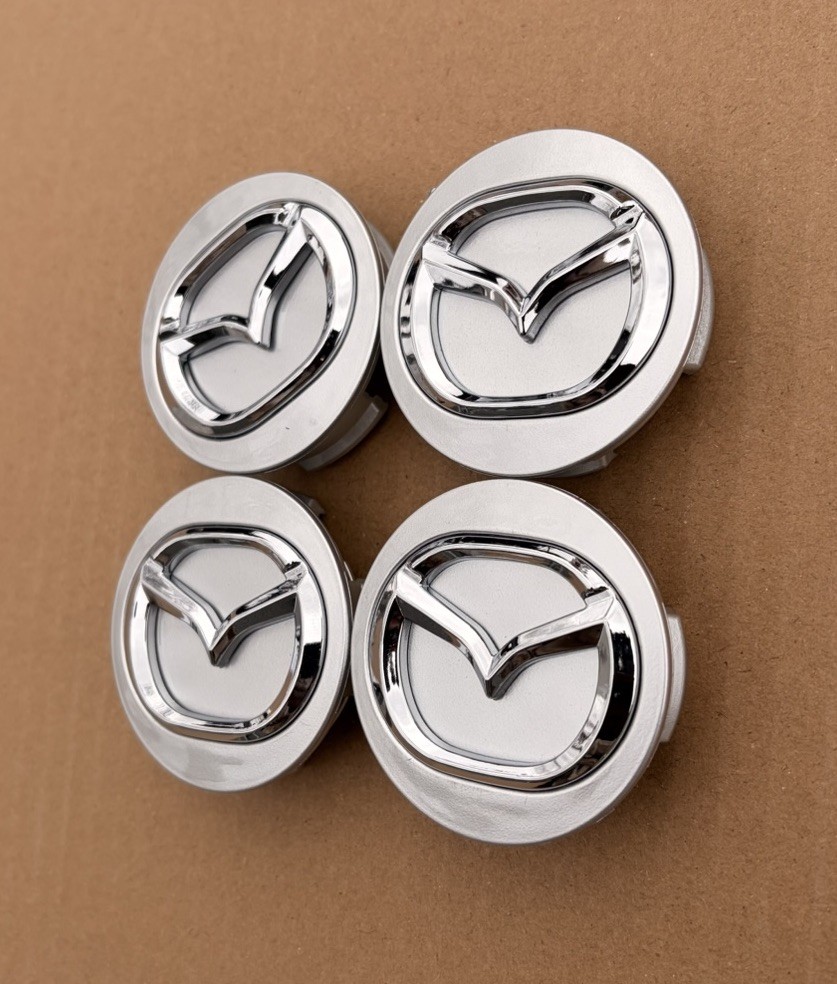 SET OF 4 MAZDA Silver CENTER WHEEL CAPS CHROME EMBLEM 56MM HUB CAP LOGO
