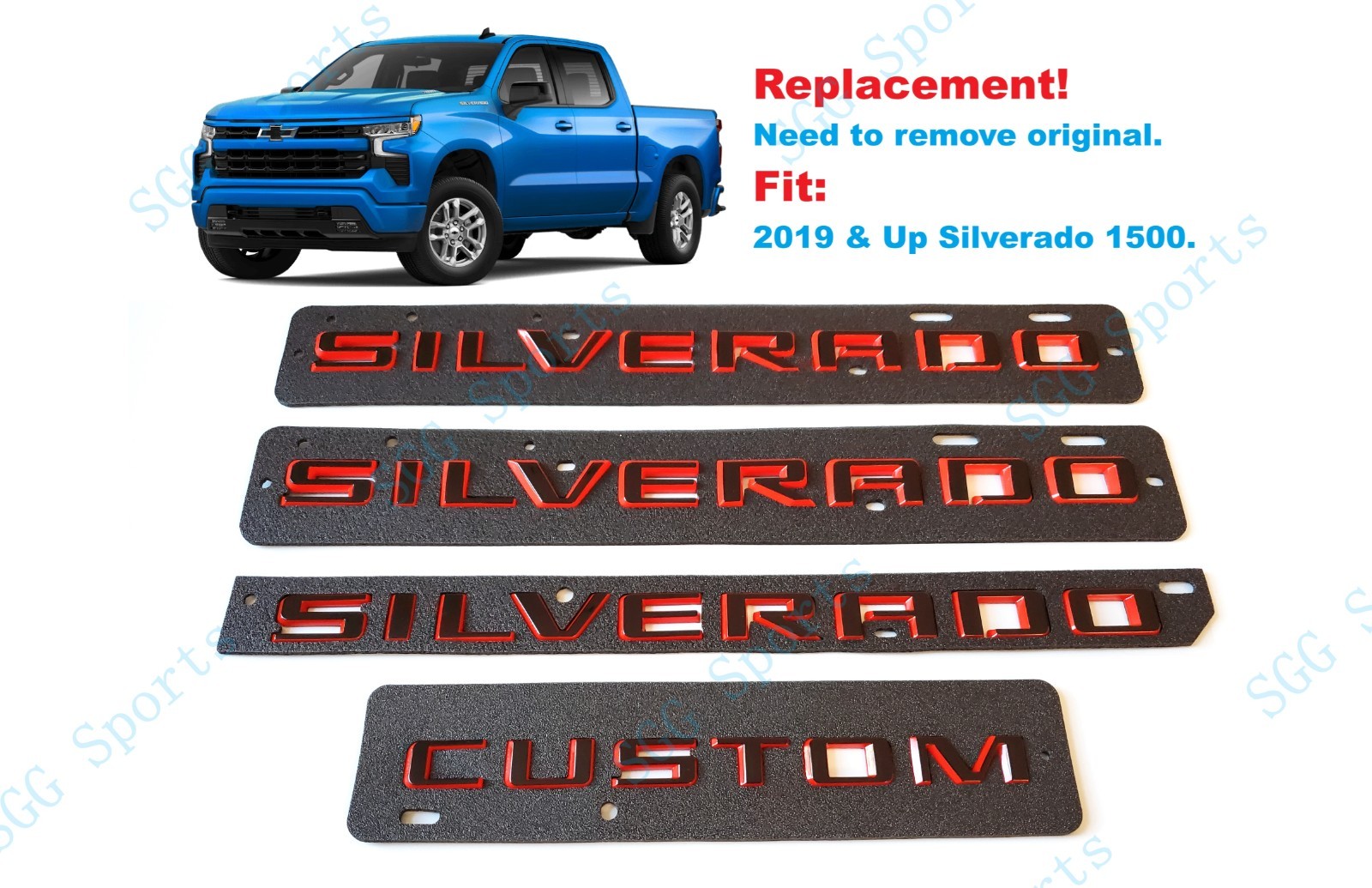 Gloss Black Red Fender Rear Silverado Custom Emblem Letter 2019+ Silverado 1500