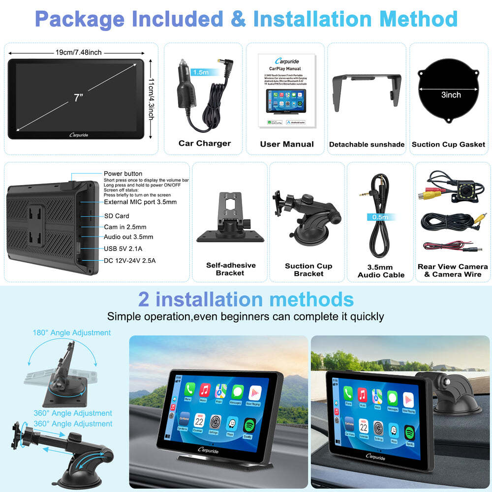 Carpuride C3 Wireless Portable Apple Carplay Car Stereo 7 Inch IPS Touch Screen