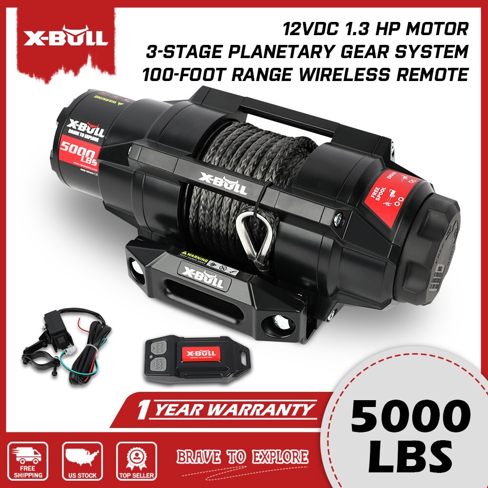 X-BULL 5000LB Electric 12V Winch Synthetic Rope Towing Trailer ATV UTV 4WD Winch
