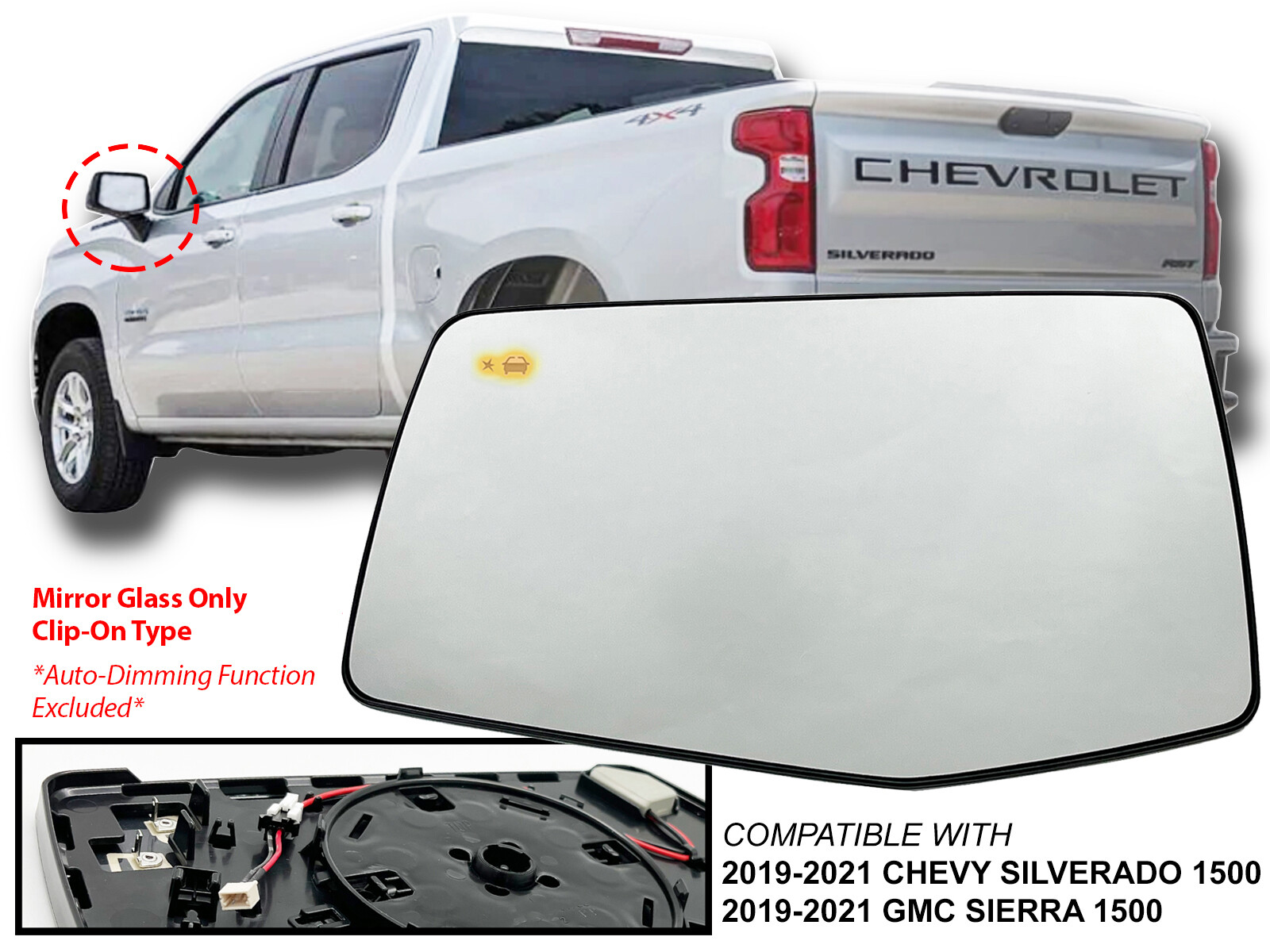 For Mirror Glass Heated Blind Spot 2019 – 2021 SILVERADO SIERRA 1500 Driver Side