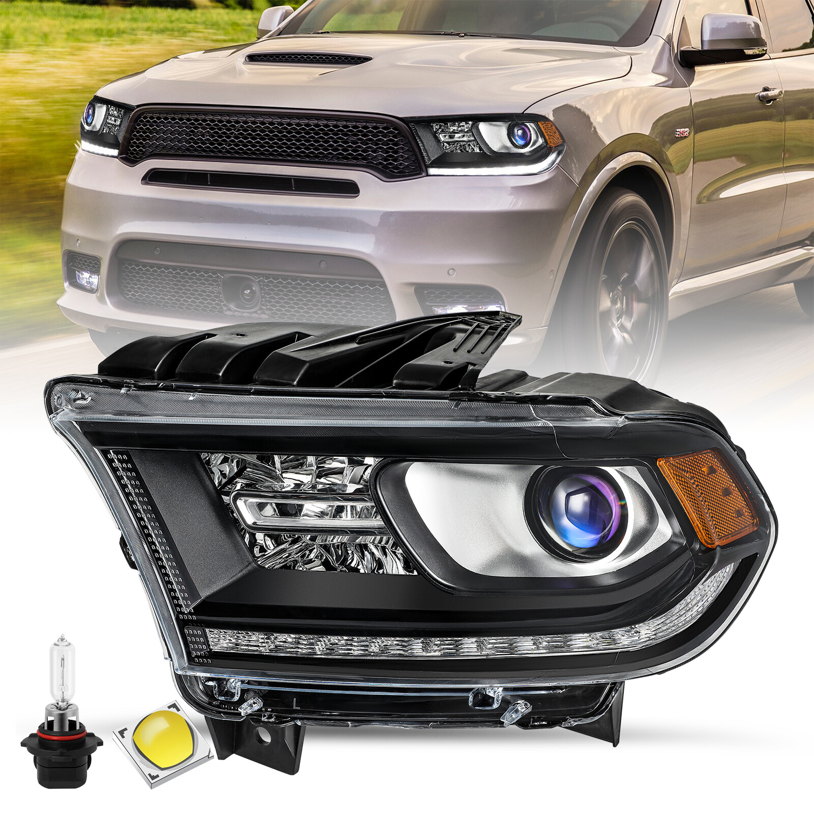 For 2014-2020 Dodge Durango Black Trim Halogen Headlight W/ LED DRL Left / Right