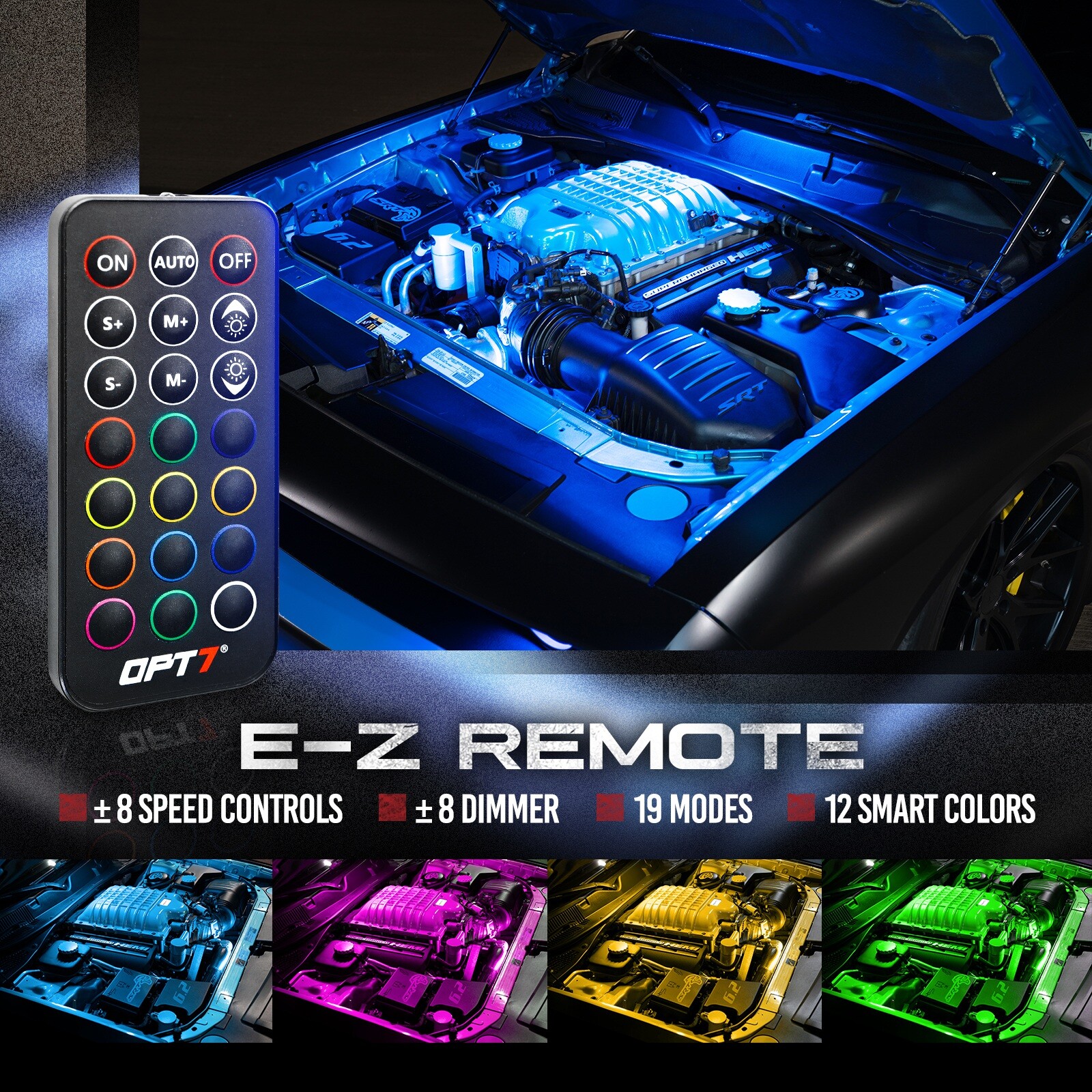 4PC Engine Bay RGB LED Lighting Kit w/ Wireless Remote for Truck Car OPT7 AURA