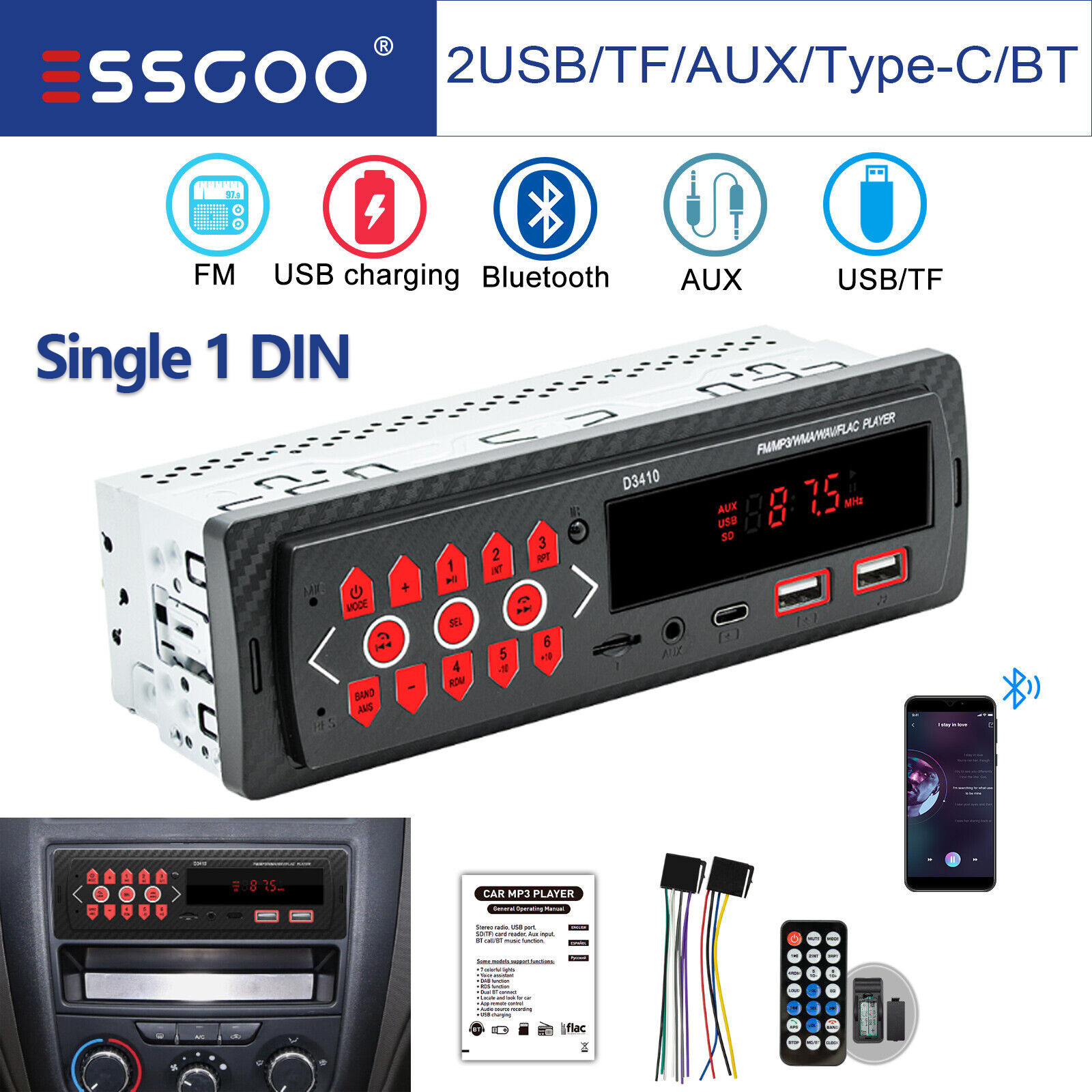 Car Radio Stereo Single 1 Din Bluetooth FM/USB/AUX In-Dash Head Unit MP3 Player