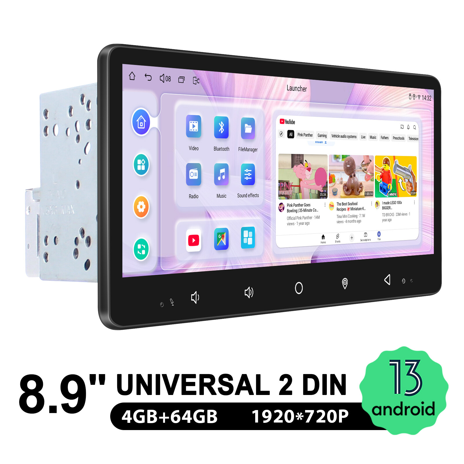 8.9″ HD Touchscreen Android 13 Double Din Car Radio Built-in 4G LTE WiFi Carplay