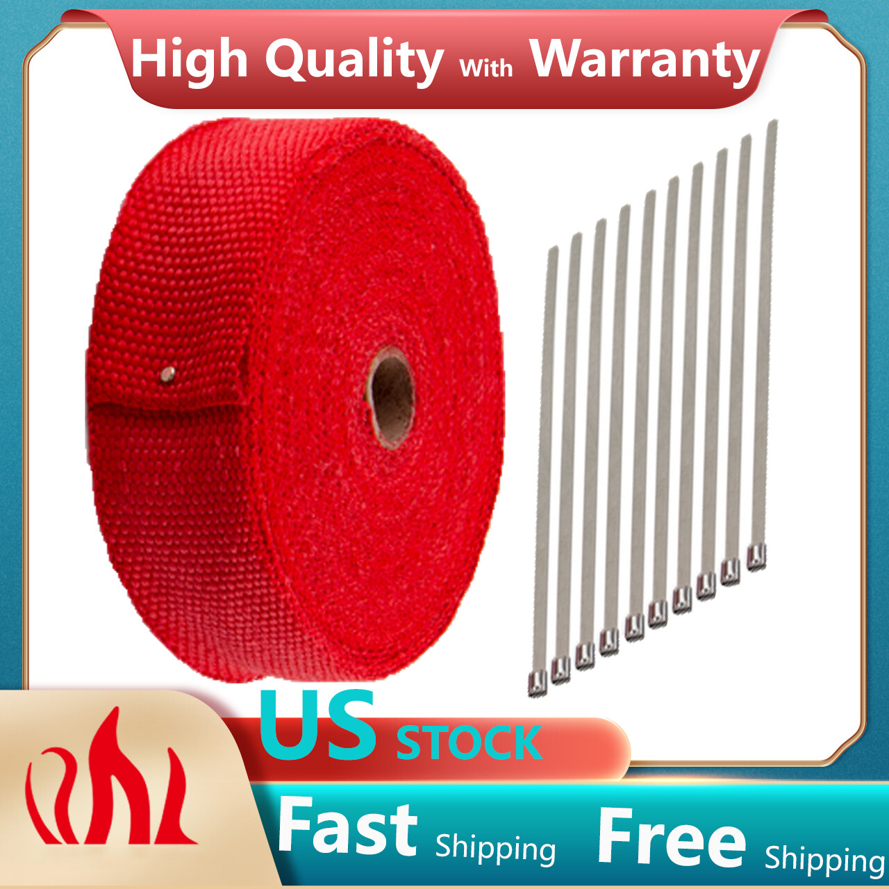 2″ x 50FT (15M) Exhaust Header Fiberglass Heat Wrap Tape w/ 10 Steel Ties Red