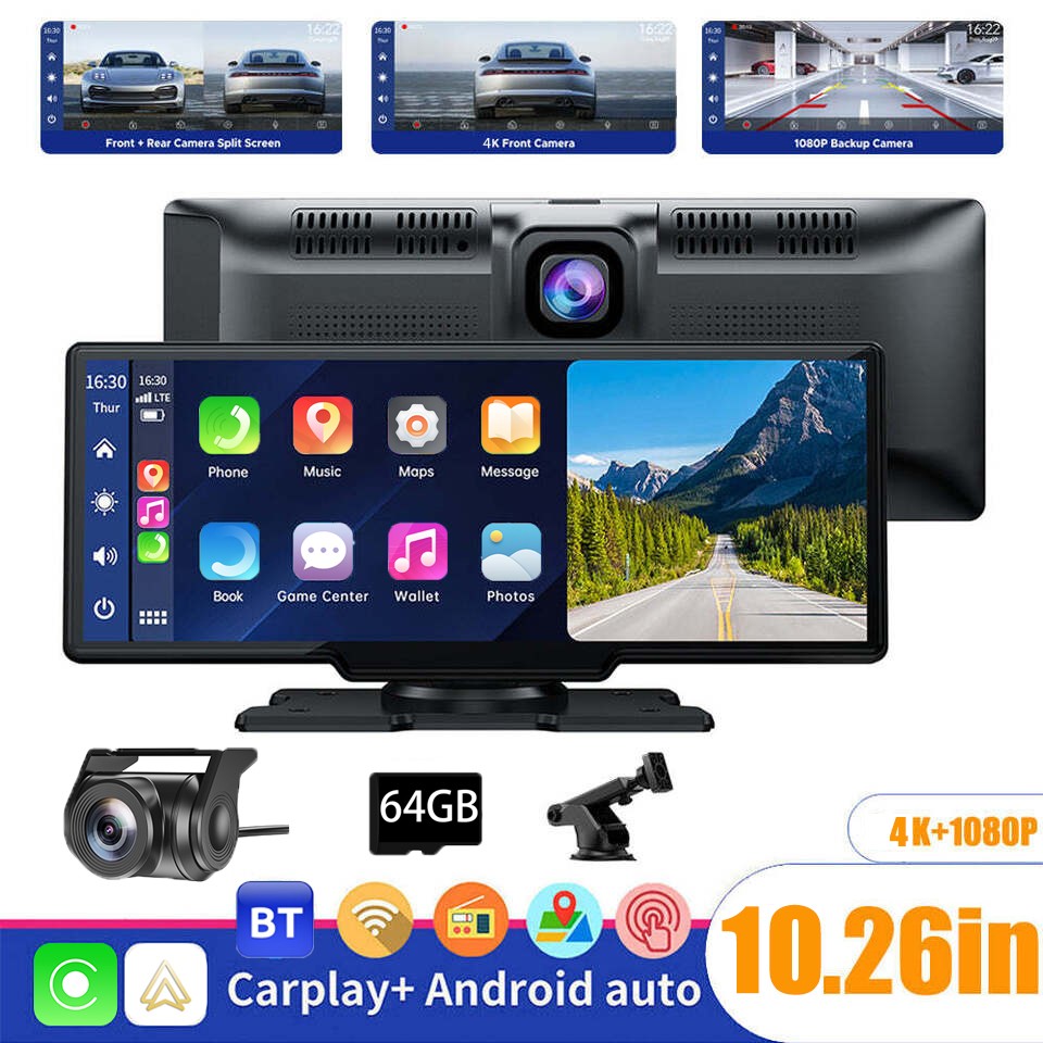 10.26″ 4K Portable Car Stereo Radio Wireless Apple Carplay&Android Auto Nav 64GB