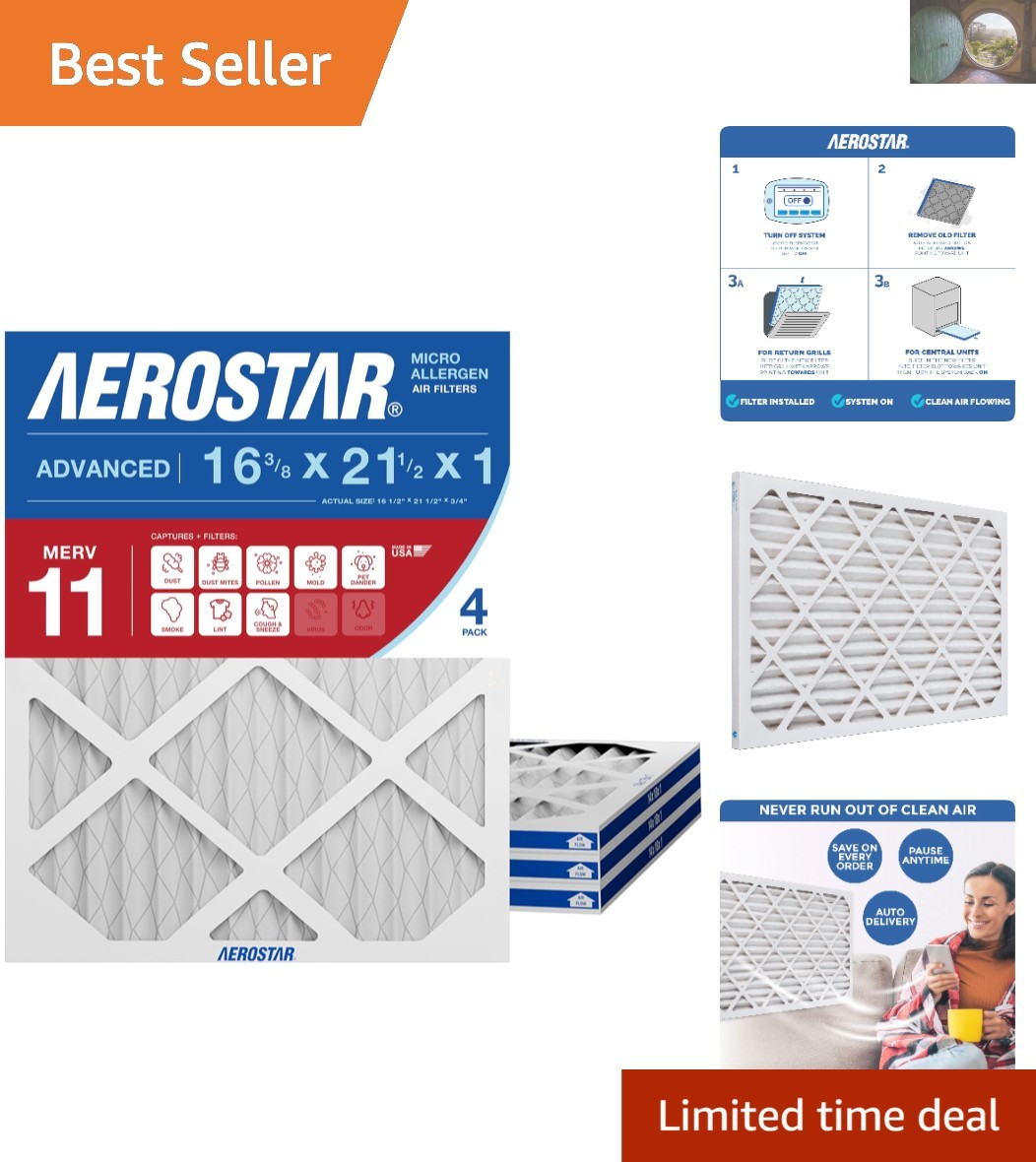 16.50×21.50 MERV 11 Pleated Air Filters – 4 Count for Allergies & Smoke Removal