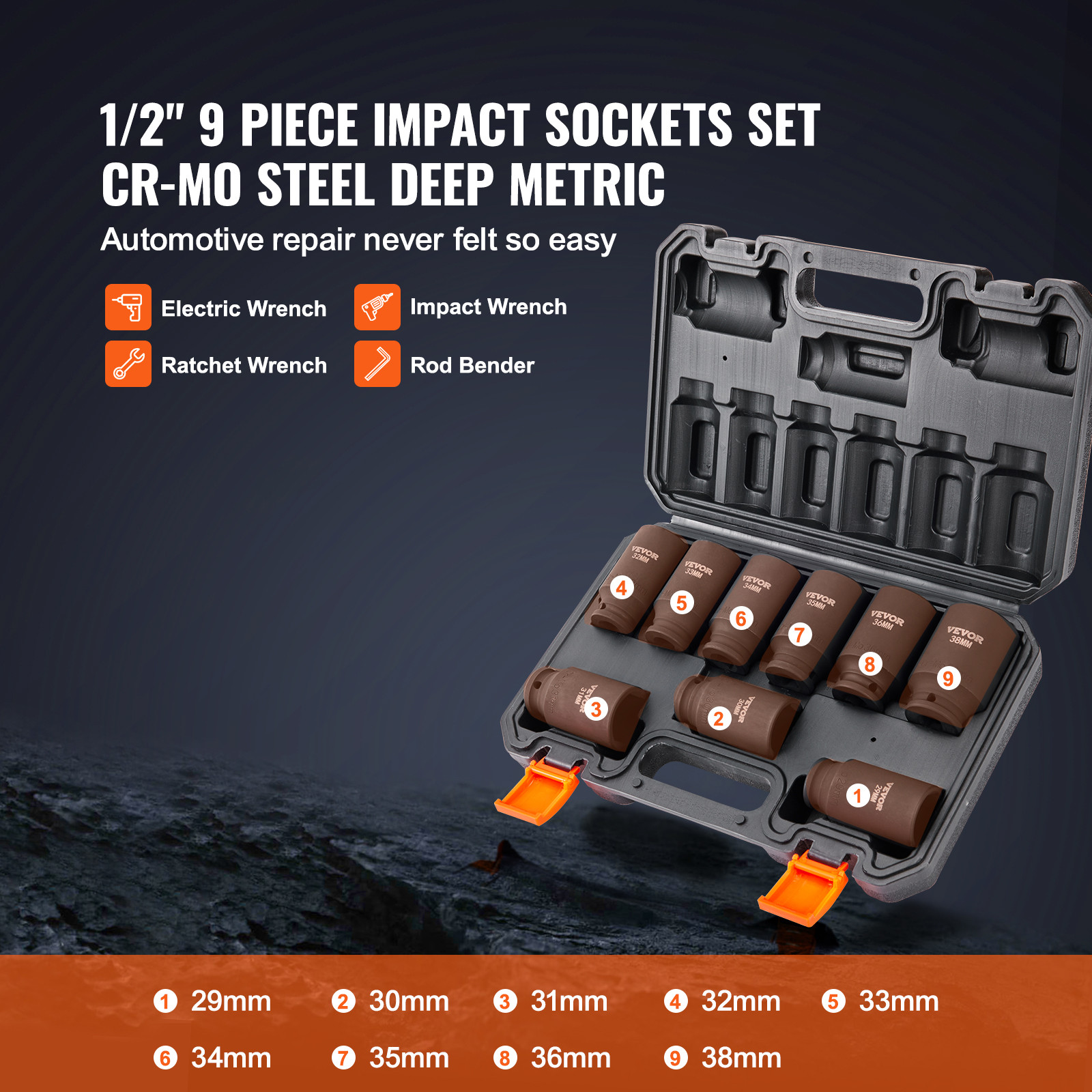 VEVOR Impact Sockets Set 9pcs 6-Point 1/2in Metric Drive Bit Ratchet Tool Kit