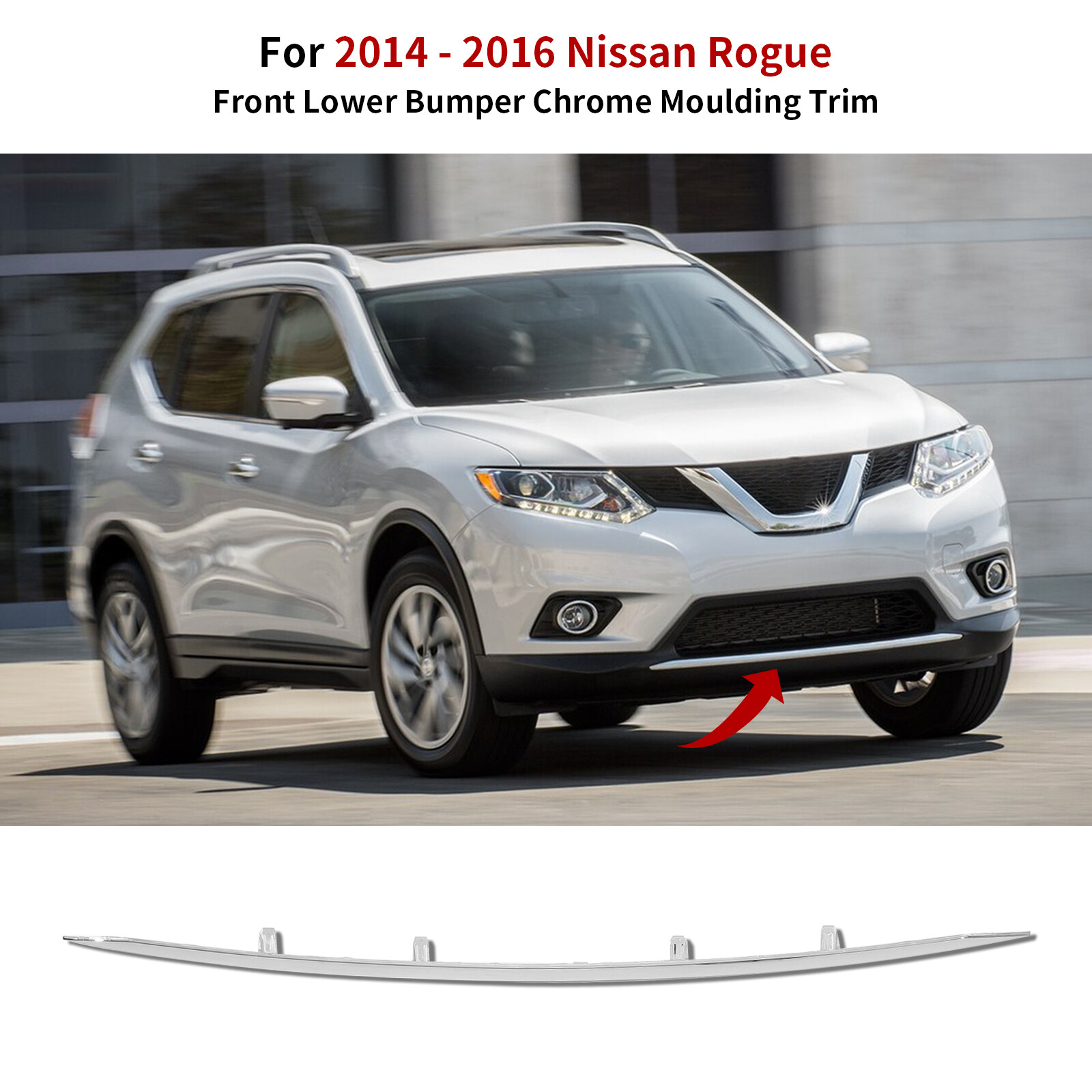 For 2014 2015 2016 Nissan Rogue Front Lower Bumper Chrome Moulding Trim