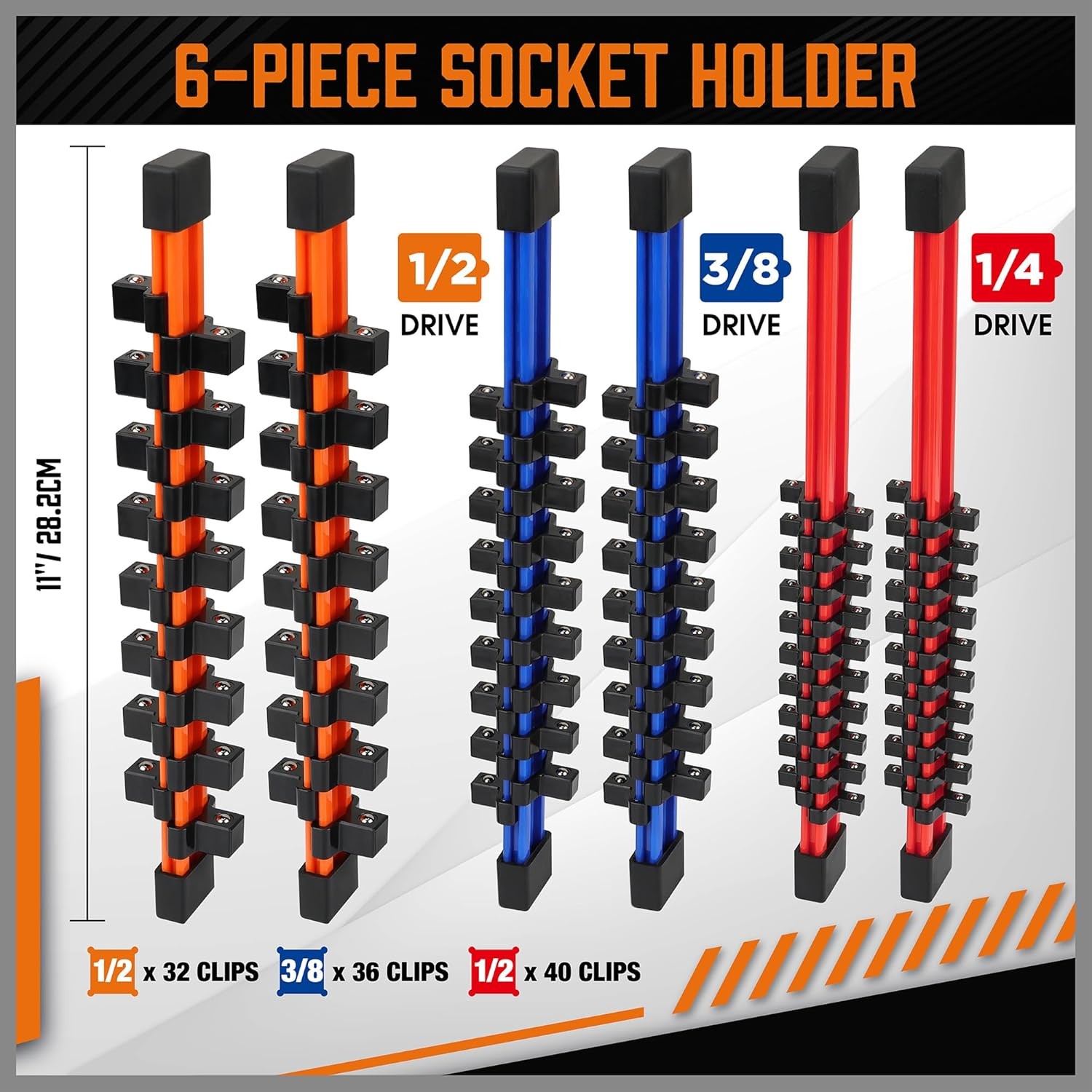 6PC Shallow Deep Socket Holder Organizer Rail Double Sided 1/4 3/8 1/2 in Driver