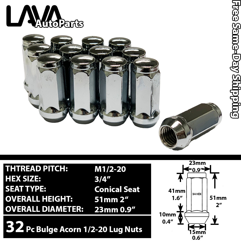 32PC 2″ TALL 1/2-20 CHROME 3/4″ HEX BULGE ACORN LUG NUT FIT OLD F250/350/RAM3500