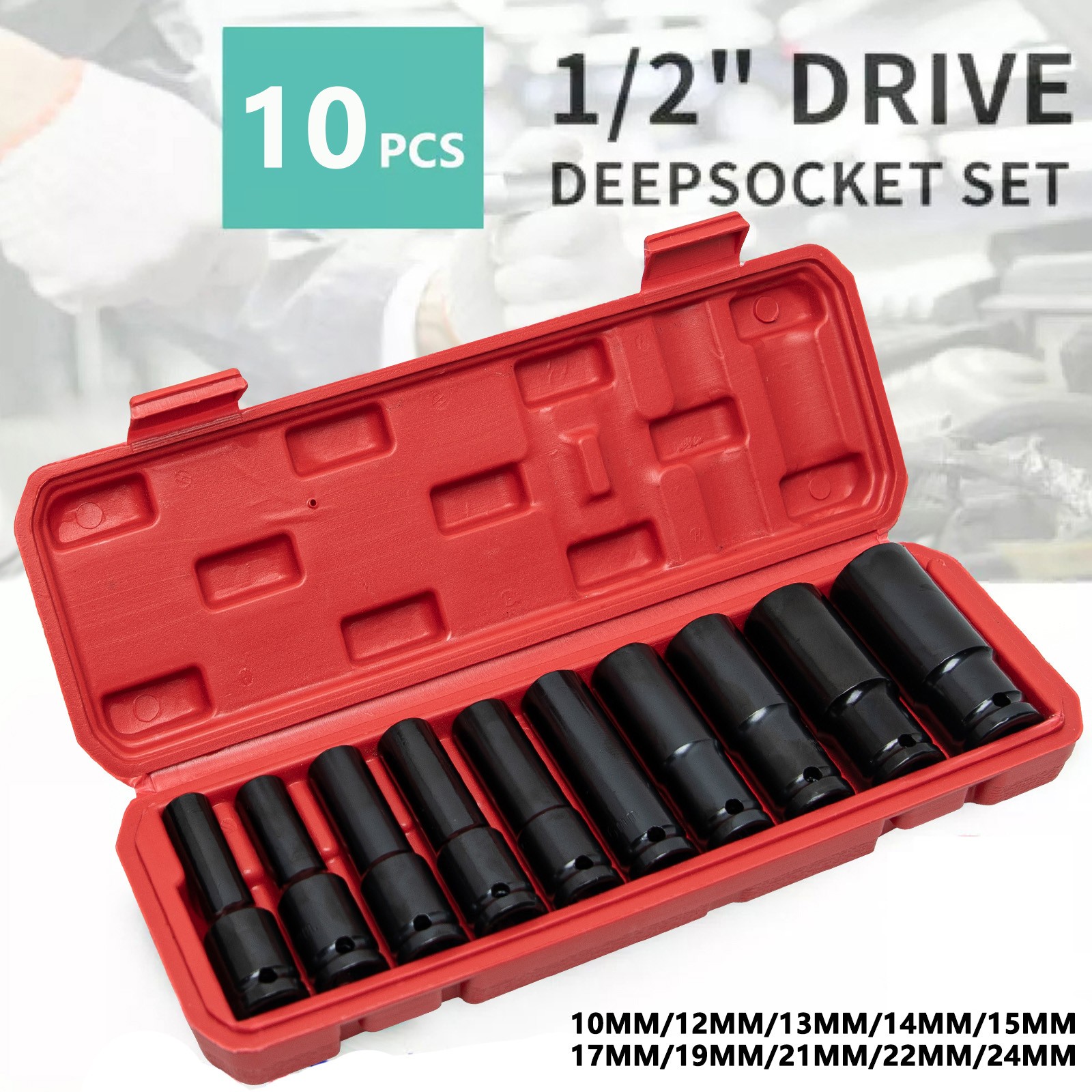 10pcs Metric Deep Impact Socket 1/2″ Drive 10mm-24mm 6 Point Sockets w/ Case Set