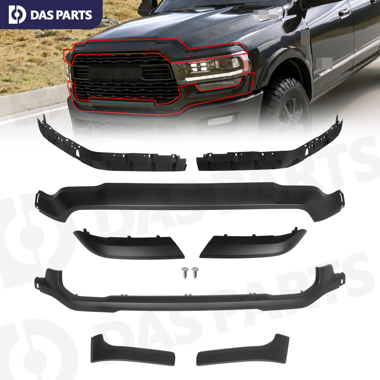 For 2019-2024 Ram 2500 3500 Front Lower & Upper Grille Molding Trim Matte Black